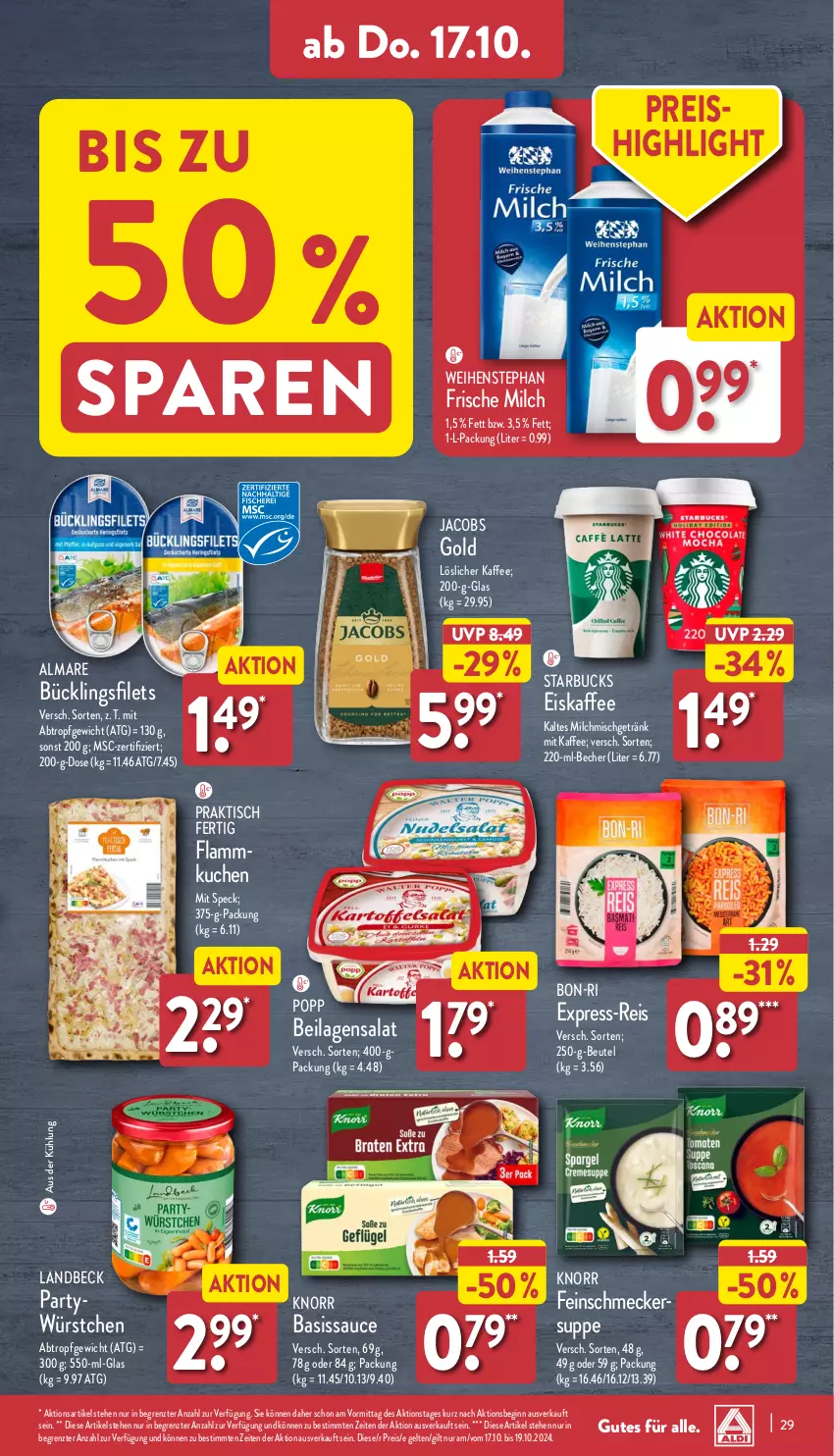 Aktueller Prospekt Aldi Nord - Von Montag - von 14.10 bis 19.10.2024 - strona 29 - produkty: almare, Becher, beutel, eis, eiskaffee, feinschmecker, filet, filets, frische milch, getränk, gin, ilag, jacobs, Jacobs Gold, kaffee, knorr, kuchen, lamm, löslicher kaffee, milch, Popp, reis, salat, sauce, Speck, starbucks, suppe, Ti, tisch, weihenstephan, würstchen, ZTE