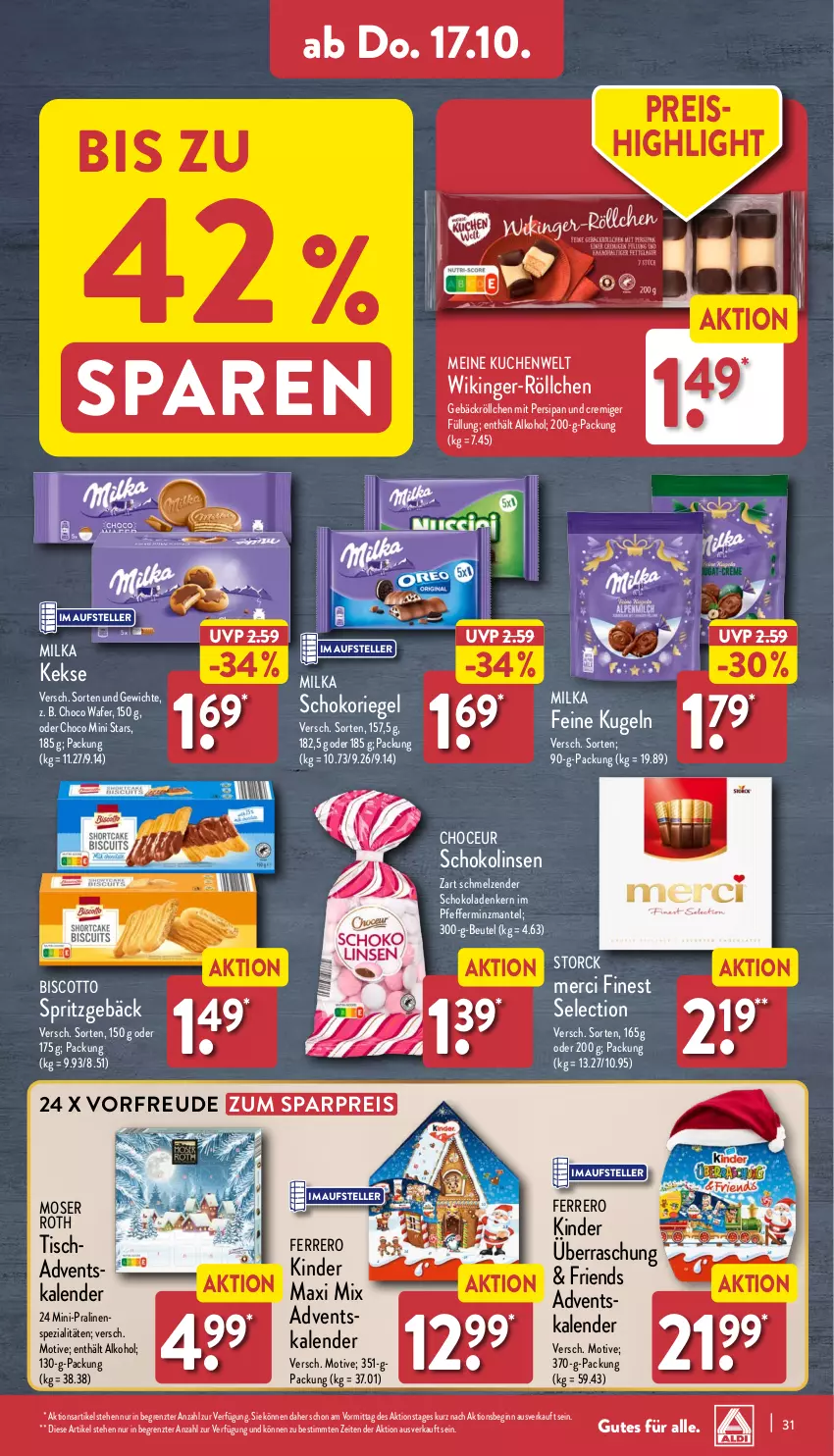 Aktueller Prospekt Aldi Nord - Von Montag - von 14.10 bis 19.10.2024 - strona 31 - produkty: alkohol, beutel, biscotto, eis, elle, ferrero, gin, keks, kekse, Kinder, kuchen, Kugel, linsen, Mantel, merci, milka, moser, Moser Roth, pfeffer, pralinen, reis, riegel, schoko, schokolade, schokoladen, Schokolinsen, schokoriegel, Spezi, Spritzgebäck, storck, teller, Ti, tisch, ZTE