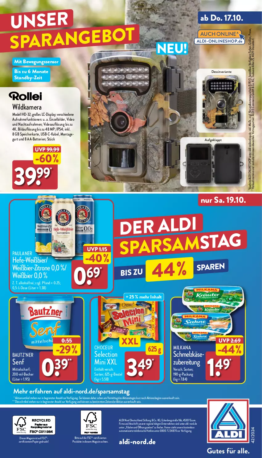 Aktueller Prospekt Aldi Nord - Von Montag - von 14.10 bis 19.10.2024 - strona 36 - produkty: aldi, alkohol, auto, batterie, batterien, Bau, Becher, beutel, Bewegungssensor, bier, dell, deo, eis, gin, Hefe, kamera, Käse, magazin, milka, milkana, Mode, ndk, papier, Paula, paulaner, reis, Ria, Schal, Schale, Schmelzkäse, senf, speicherkarte, telefon, Ti, usb, Wild, Wildkamera, zitrone, ZTE