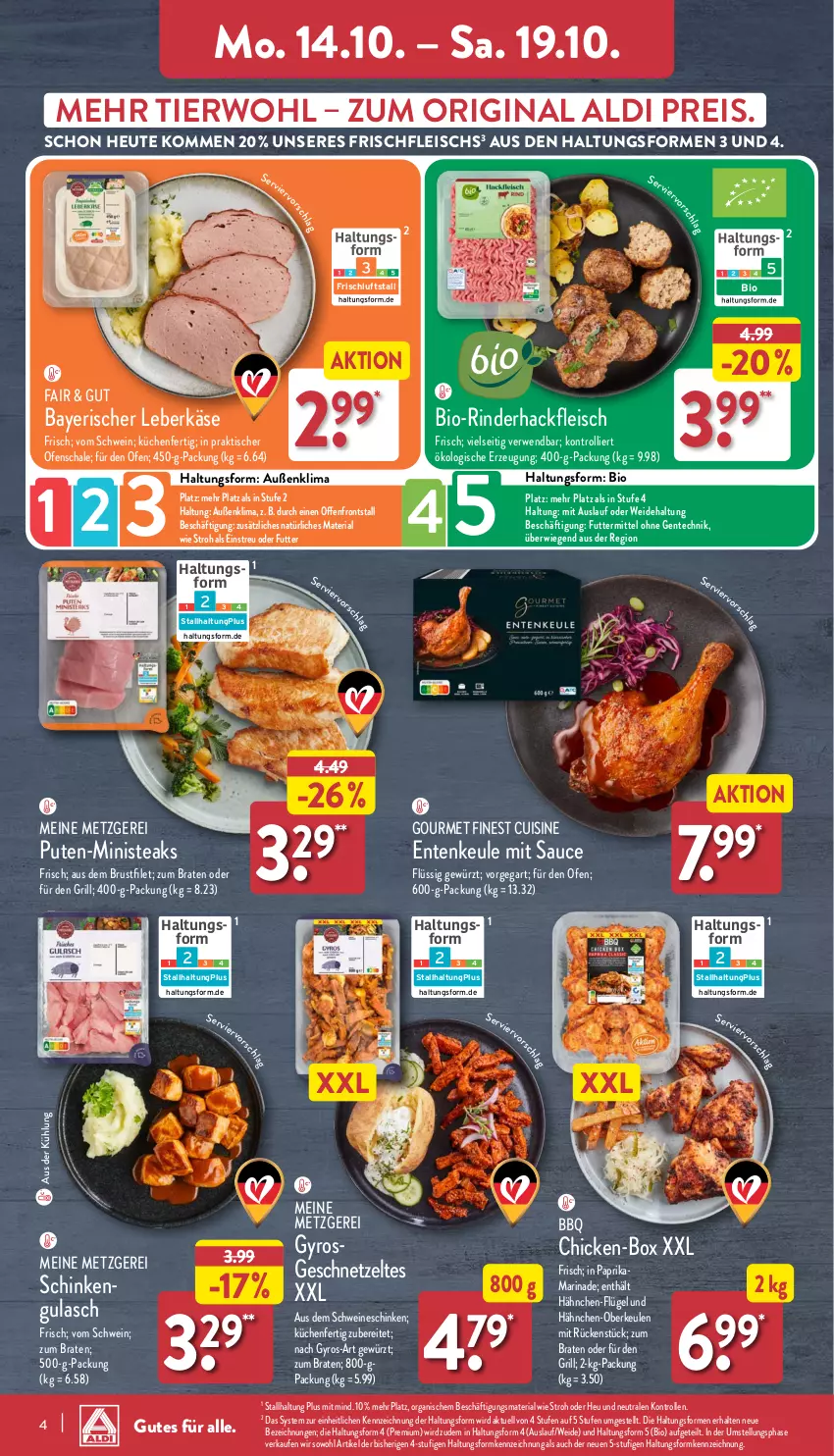 Aktueller Prospekt Aldi Nord - Von Montag - von 14.10 bis 19.10.2024 - strona 4 - produkty: aldi, bio, braten, brustfilet, eis, ente, Entenkeule, filet, fleisch, geschnetzeltes, gewürz, gin, grill, gulasch, gyros, hackfleisch, Heu, Käse, küche, Küchen, leberkäs, leberkäse, marinade, Ofen, paprika, pute, reis, Ria, rind, rinder, rinderhackfleisch, rwe, sauce, Schal, Schale, schinken, schwein, schweine, steak, steaks, Ti, tisch, trolli, wein, weine, Zelt