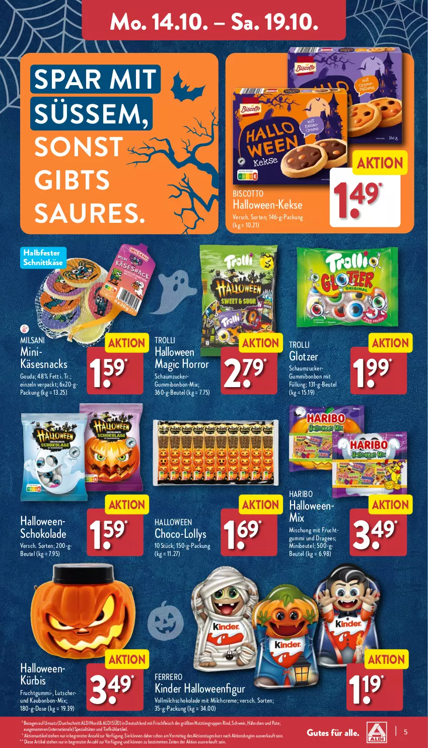 Aktueller Prospekt Aldi Nord - Von Montag - von 14.10 bis 19.10.2024 - strona 5 - produkty: aldi, beutel, biscotto, creme, eis, ferrero, fleisch, frucht, fruchtgummi, gin, gouda, halbfester schnittkäse, haribo, Käse, keks, kekse, Kinder, Kürbis, Lutscher, milch, mit frucht, pute, rind, Schaumzucker, schnittkäse, schoko, schokolade, schwein, snack, snacks, Spezi, Ti, trolli, vollmilch, wein, ZTE, zucker