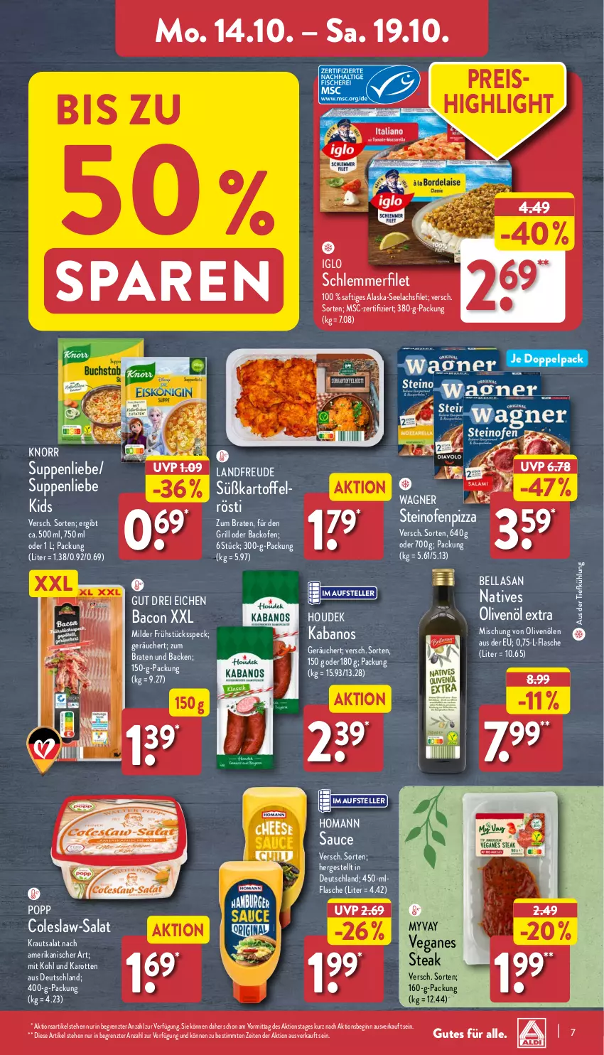 Aktueller Prospekt Aldi Nord - Von Montag - von 14.10 bis 19.10.2024 - strona 7 - produkty: aus der tiefkühlung, backofen, bacon, braten, Coleslaw, eis, elle, filet, flasche, Frühstücksspeck, gin, grill, homann, houdek, iglo, kabanos, karotten, kartoffel, knorr, Kraut, krautsalat, lachs, lachsfilet, natives olivenöl, Ofen, olive, oliven, olivenöl, olivenöl extra, pizza, Popp, reis, saft, salat, sauce, schlemmerfilet, seelachsfilet, Speck, steak, steinofen, suppe, suppen, suppenliebe, teller, Ti, wagner, ZTE