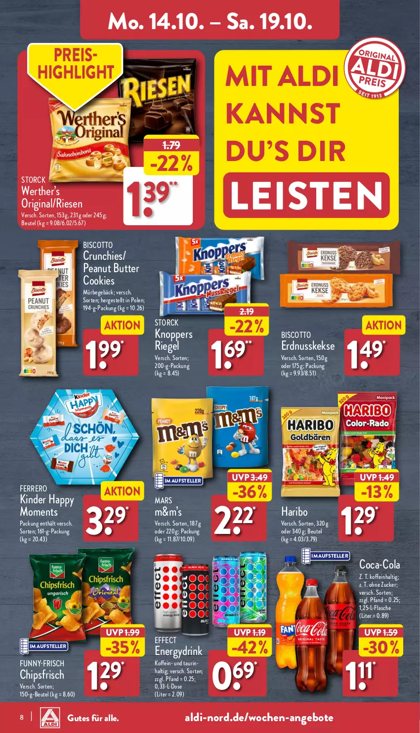 Aktueller Prospekt Aldi Nord - Von Montag - von 14.10 bis 19.10.2024 - strona 8 - produkty: aldi, angebot, angebote, beutel, biscotto, butter, chips, chipsfrisch, cola, cookie, cookies, drink, Effect, eis, elle, erdnuss, ferrero, flasche, funny-frisch, gin, haribo, keks, kekse, Kinder, knoppers, mars, nuss, peanut butter, reis, riegel, storck, teller, Ti, zucker