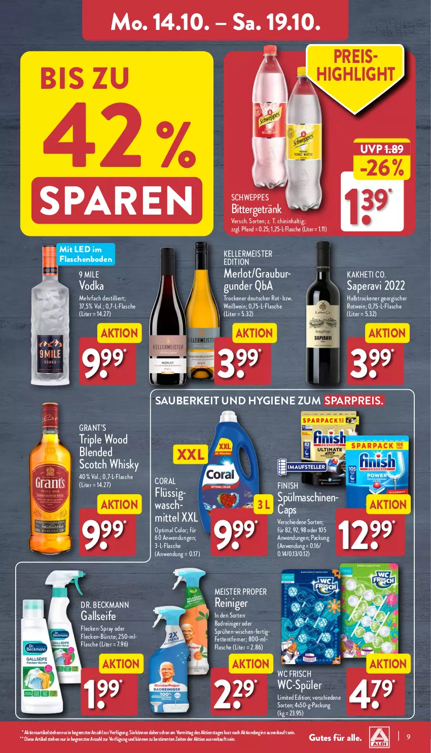 Aktueller Prospekt Aldi Nord - Von Montag - von 14.10 bis 19.10.2024 - strona 9 - produkty: Bad, blended scotch, blended scotch whisky, bürste, Cap, Coral, Dr. Beckmann, eis, elle, Finish, flasche, getränk, gin, Meister, meister proper, merl, merlot, reiniger, reis, rotwein, schweppes, scotch, scotch whisky, Seife, spülmaschinen, teller, Ti, vodka, wc frisch, wein, Weißwein, whisky, ZTE