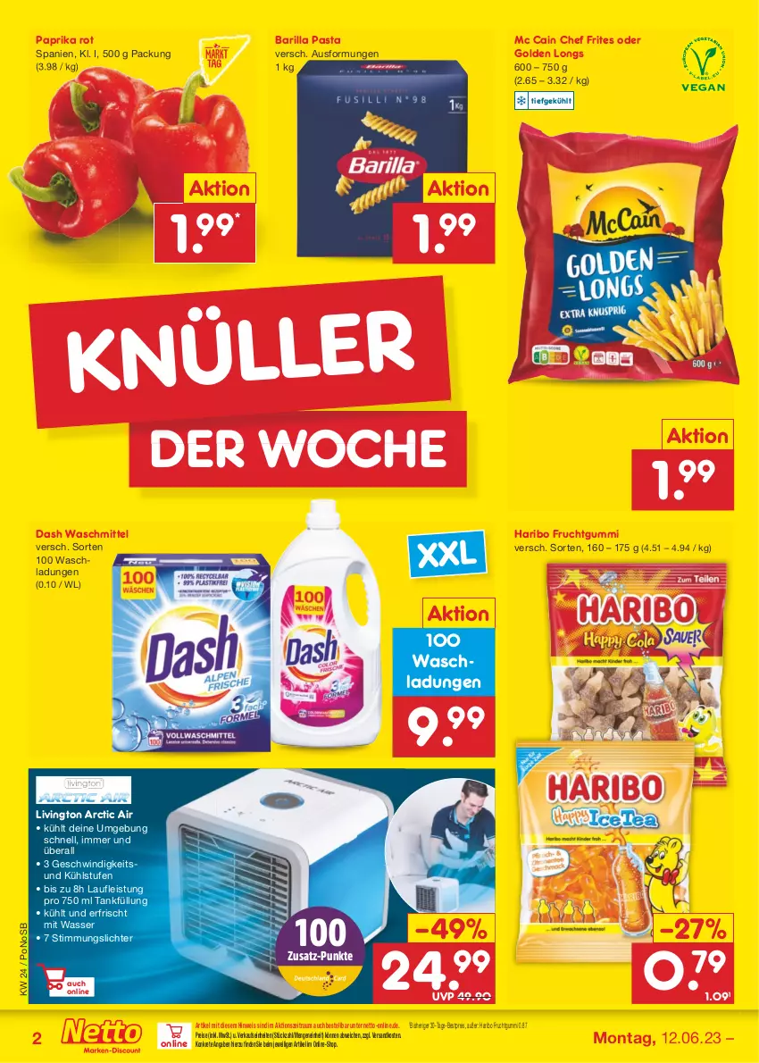 Aktueller Prospekt Netto Marken-Discount - Filial-Angebote - von 12.06 bis 17.06.2023 - strona 2 - produkty: arctic air, barilla, bestpreis, eis, elle, frucht, fruchtgummi, Golden Longs, haribo, mc cain, ndk, paprika, paprika rot, pasta, reis, Ti, waschmittel, wasser