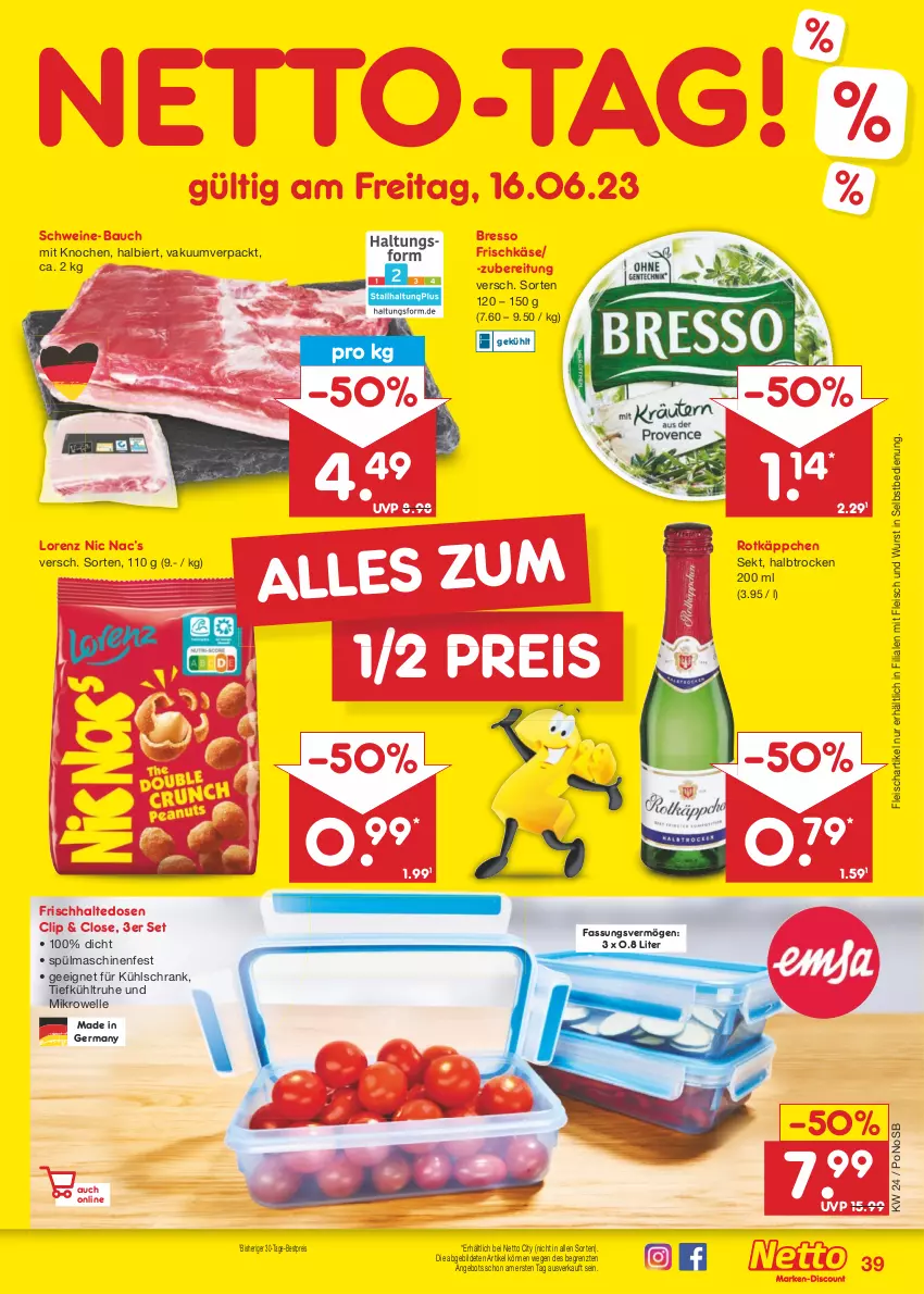 Aktueller Prospekt Netto Marken-Discount - Filial-Angebote - von 12.06 bis 17.06.2023 - strona 39 - produkty: angebot, Bau, bestpreis, bier, bresso, eis, elle, fleisch, frischhaltedosen, frischkäse, Germ, Käse, kühlschrank, lorenz, mikrowelle, reis, rotkäppchen, Schrank, schwein, schweine, schweine-bauch, sekt, spülmaschinen, Ti, wein, weine, wurst, wurst in selbstbedienung, ZTE