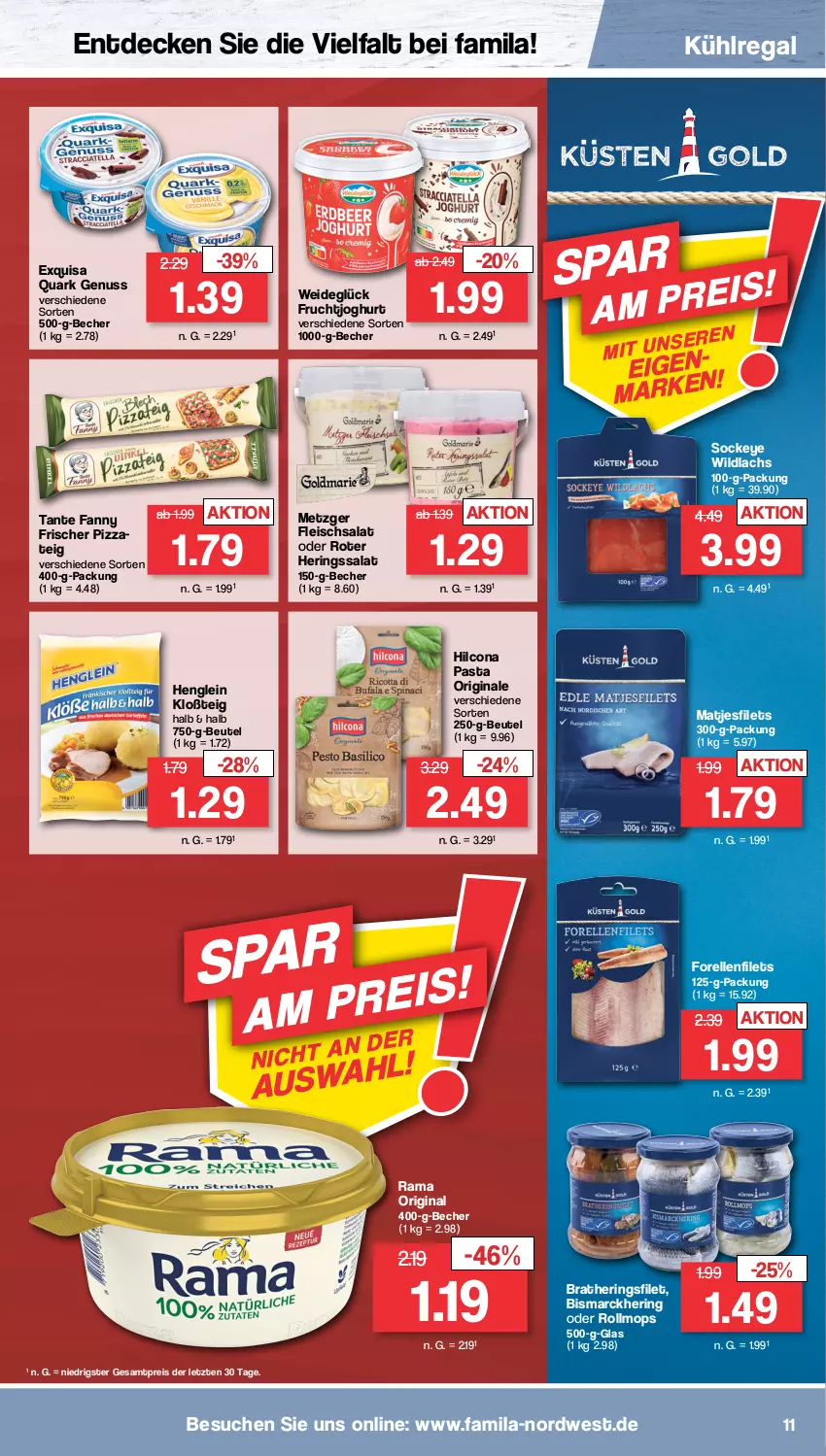 Aktueller Prospekt Famila - Prospekte - von 10.10 bis 15.10.2022 - strona 11 - produkty: Becher, beutel, bismarck, decke, eis, elle, exquisa, filet, filets, fleisch, fleischsalat, forelle, frucht, fruchtjoghurt, gin, henglein, hering, Herings, hilcona, joghur, joghurt, kühlregal, lachs, matjes, Matjesfilet, matjesfilets, nuss, pasta, pizza, Pizzateig, quark, quark genus, quark genuss, rama, regal, reis, rel, ring, salat, tante fanny, Ti, Wild, wildlachs, ZTE