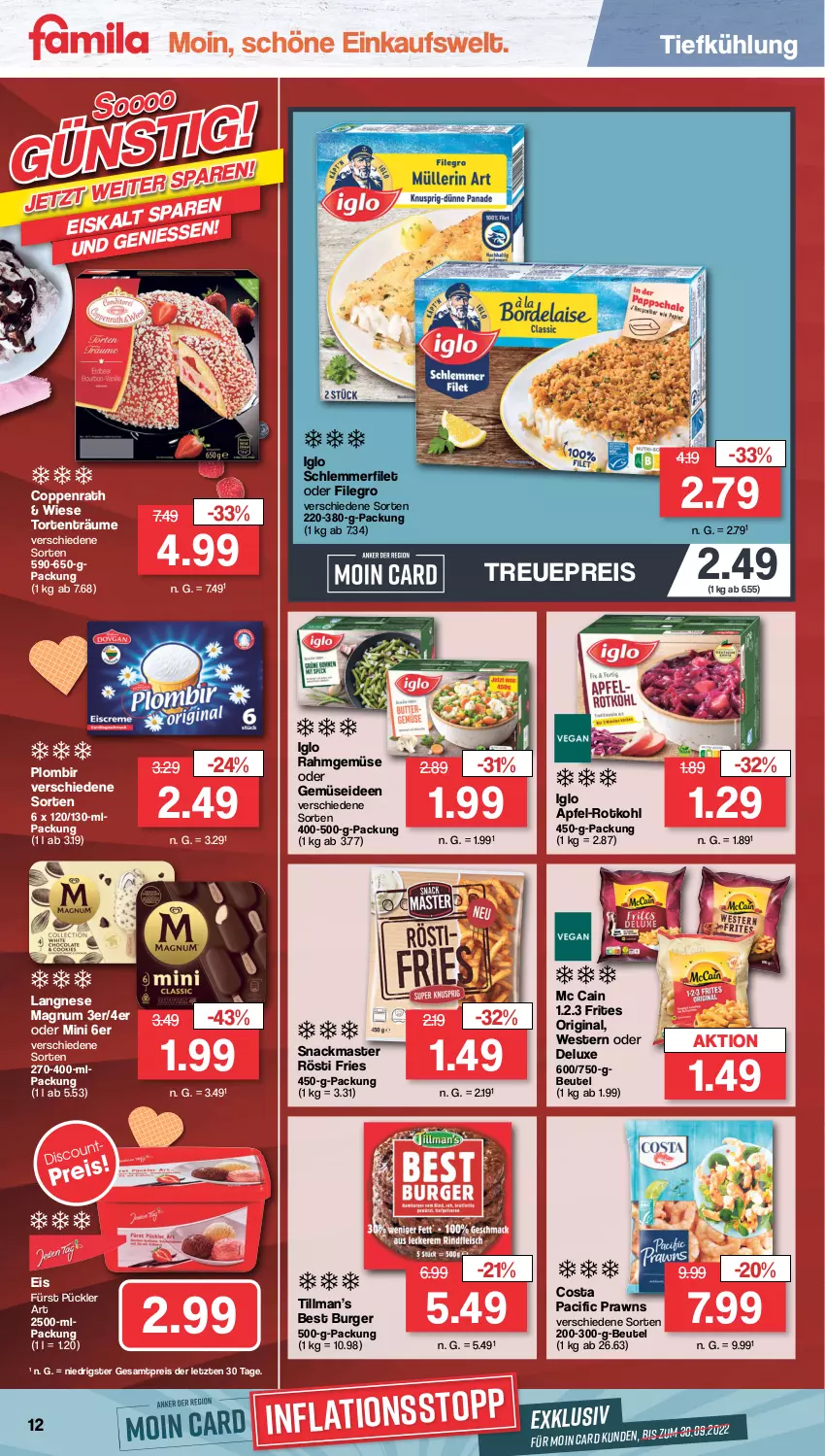 Aktueller Prospekt Famila - Prospekte - von 10.10 bis 15.10.2022 - strona 12 - produkty: apfel, beutel, burger, Cif, coppenrath, eis, filegro, filet, gin, iglo, langnese, magnum, mc cain, prawns, Rahmgemüse, reis, rotkohl, schlemmerfilet, snack, Ti, torte, Weste, ZTE