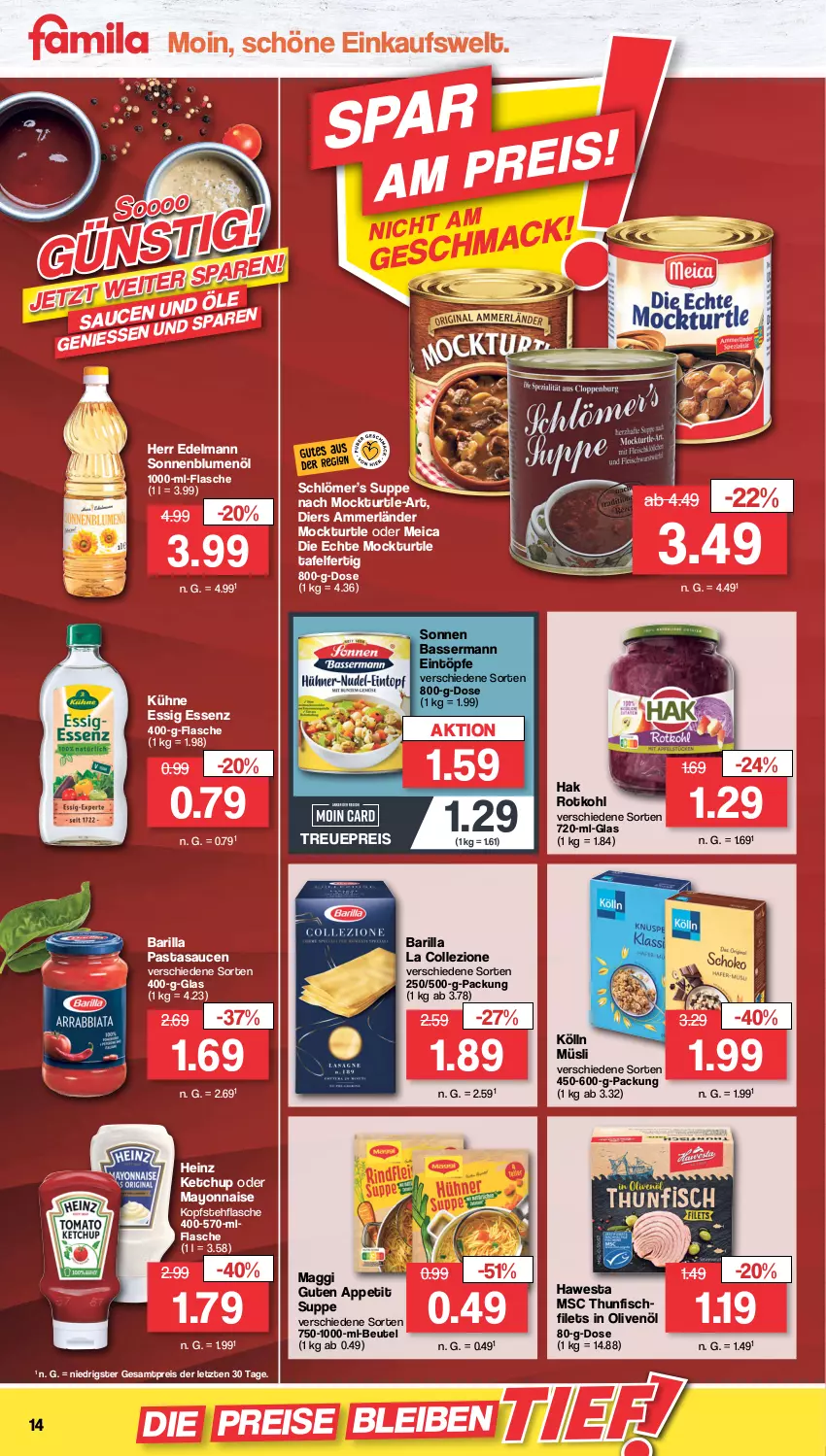 Aktueller Prospekt Famila - Prospekte - von 10.10 bis 15.10.2022 - strona 14 - produkty: ammerländer, barilla, beutel, blume, blumen, blumenöl, eintöpfe, eis, essig, filet, filets, fisch, flasche, hawesta, heinz, in olivenöl, ketchup, kölln, Kühne, mac, maggi, mayonnaise, meica, merl, müsli, olive, oliven, olivenöl, pasta, reis, rotkohl, sauce, saucen, sonnenblume, sonnenblumen, sonnenblumenöl, suppe, thunfisch, Ti, Yo, ZTE