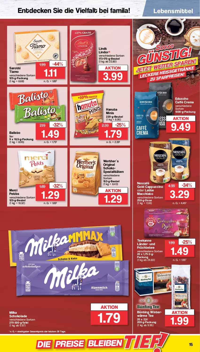 Aktueller Prospekt Famila - Prospekte - von 10.10 bis 15.10.2022 - strona 15 - produkty: ACC, balisto, beutel, caffè crema, Cap, cappuccino, chia, cin, decke, eduscho, eis, früchte, Früchtetee, getränk, getränke, gin, hanuta, latte, latte macchiato, lebensmittel, lindor, lindt, mac, macchiato, merci, milka, milka schokolade, Nescafé, nescafé gold, regal, reis, saro, sarotti, schoko, schokolade, Spezi, tee, teekanne, Ti, ZTE