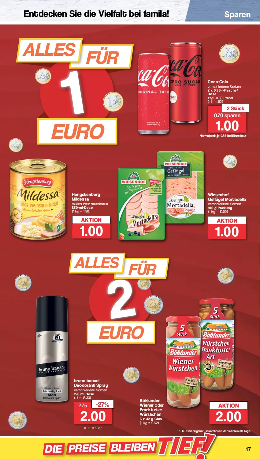 Aktueller Prospekt Famila - Prospekte - von 10.10 bis 15.10.2022 - strona 17 - produkty: auer, böklunder, bruno banani, coca-cola, cola, decke, dell, deo, deodorant, eis, flasche, frankfurter, Geflügel, hengstenberg, Kraut, mortadella, reis, Sauerkraut, Ti, wein, wiener, wiesenhof, würstchen, ZTE