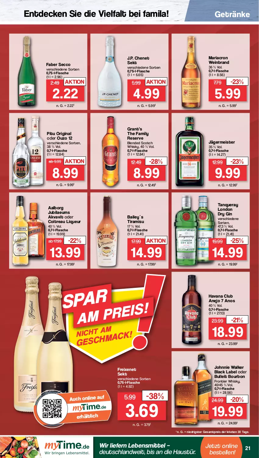 Aktueller Prospekt Famila - Prospekte - von 10.10 bis 15.10.2022 - strona 21 - produkty: Aalborg, aust, black label, blended scotch, blended scotch whisky, bourbon, decke, dry gin, ecco, eis, elle, flasche, freixenet, Germ, getränk, getränke, gin, Havana Club, J.P. Chenet, jägermeister, johnnie walker, lack, lebensmittel, liqueur, london dry, london dry gin, mariacron, Meister, ouzo, ouzo 12, reis, Ria, scotch, scotch whisky, sekt, Tanqueray, Ti, tiramisu, wein, weinbrand, whisky, ZTE