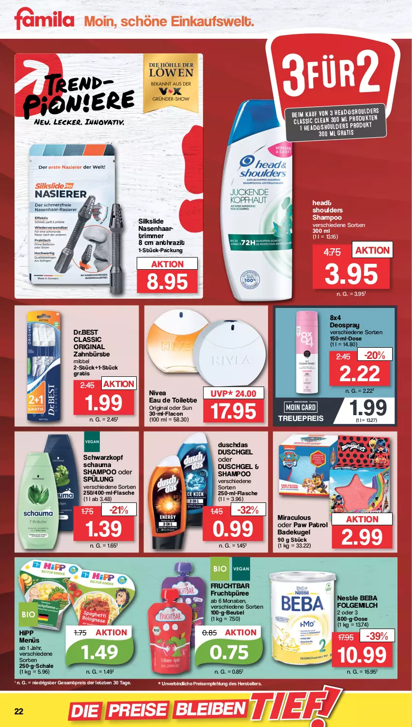 Aktueller Prospekt Famila - Prospekte - von 10.10 bis 15.10.2022 - strona 22 - produkty: Bad, Beba, beutel, bürste, deo, deospray, duschdas, duschgel, eau de toilette, eis, elle, flasche, folgemilch, frucht, gin, hipp, Kugel, LG, milch, nivea, Paw Patrol, püree, reis, Schal, Schale, schauma, schauma shampoo, schwarzkop, schwarzkopf, shampoo, shampoo oder spülung, spülung, teller, Ti, zahnbürste, ZTE