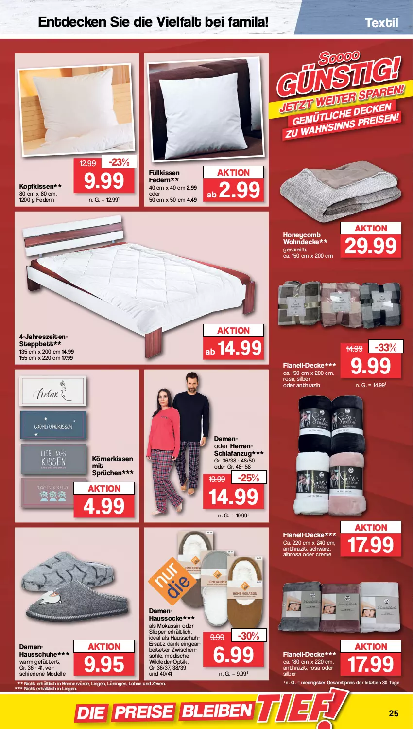 Aktueller Prospekt Famila - Prospekte - von 10.10 bis 15.10.2022 - strona 25 - produkty: Anzug, bett, creme, decke, dell, eis, elle, Hausschuhe, kissen, kopfkissen, Mode, reis, Schlafanzug, schuhe, slip, Slipper, steppbett, Ti, Wild, ZTE