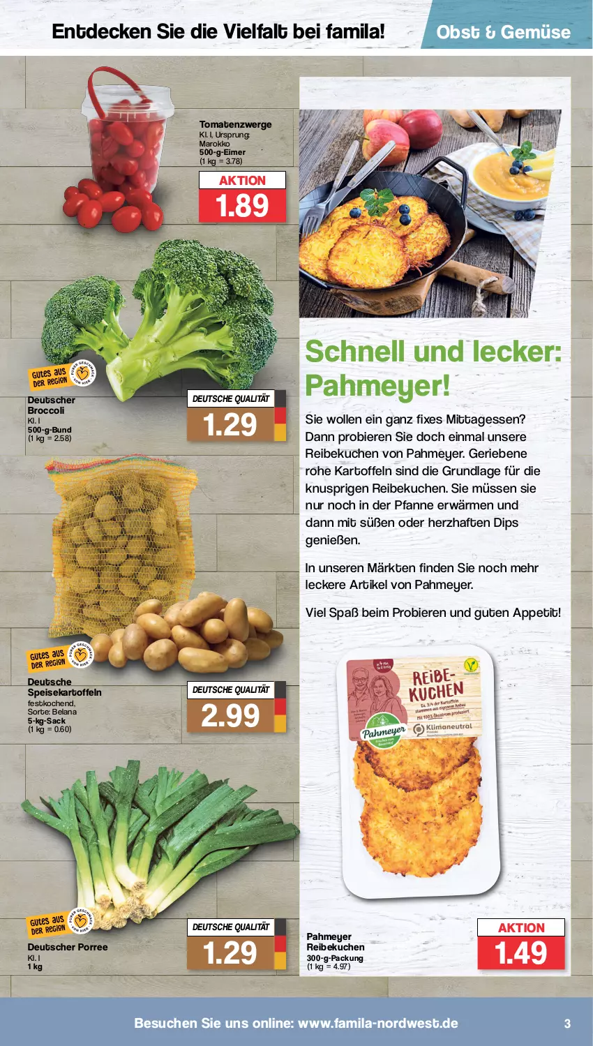 Aktueller Prospekt Famila - Prospekte - von 10.10 bis 15.10.2022 - strona 3 - produkty: bier, Biere, broccoli, decke, dip, eimer, eis, Elan, kartoffel, kartoffeln, kuchen, obst, pfanne, sac, speisekartoffeln, Ti, tomate, tomaten, wolle