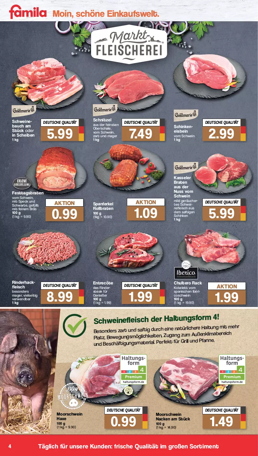 Aktueller Prospekt Famila - Prospekte - von 10.10 bis 15.10.2022 - strona 4 - produkty: axe, Bau, braten, eis, entrecôte, fleisch, für grill und pfanne, grill, grill und pfanne, hackfleisch, Haxe, kasseler, kotelett, mab, nuss, pfanne, Ria, rind, rinder, rinderhackfleisch, Rindersteak, rollbraten, rwe, saft, Schal, Schale, schinken, schnitzel, schwein, schweine, Schweinebauch, schweinefleisch, Speck, steak, Ti, und pfanne, wein, weine