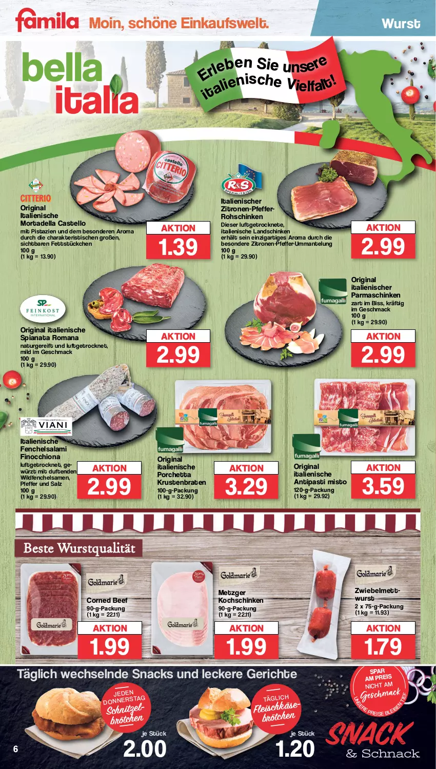 Aktueller Prospekt Famila - Prospekte - von 10.10 bis 15.10.2022 - strona 6 - produkty: antipasti, asti, beef, braten, brötchen, corned beef, dell, eis, fenchel, fleisch, gewürz, gin, kochschinken, krustenbraten, landschinken, mac, Mantel, Mett, mettwurst, mit pistazien, mortadella, natur, parmaschinken, pfeffer, pistazien, reis, rohschinken, salami, salz, schinken, schnitzel, snack, snacks, Ti, tisch, Wild, wurst, zitrone, zitronen, zwiebel, zwiebelmettwurst