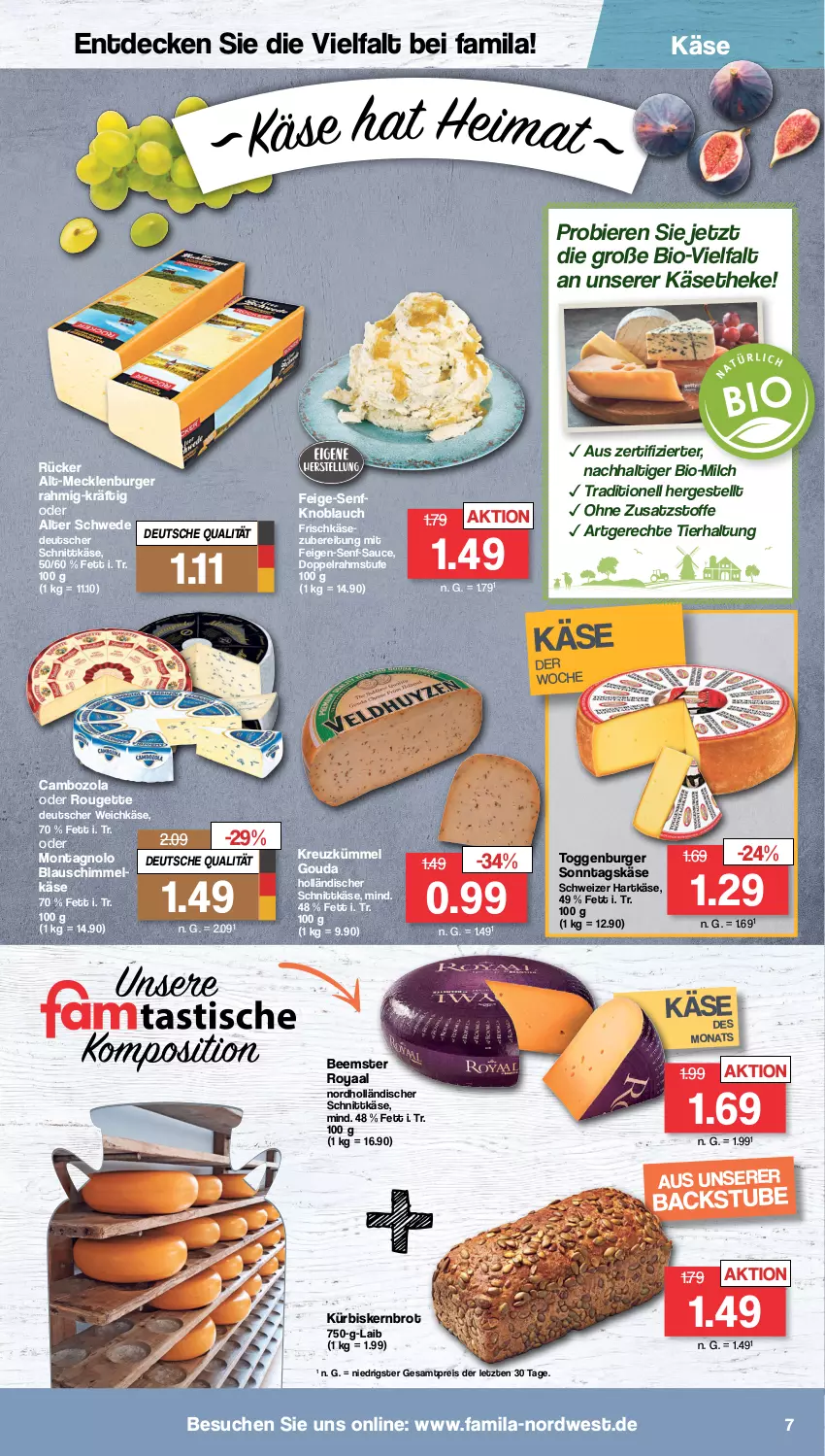 Aktueller Prospekt Famila - Prospekte - von 10.10 bis 15.10.2022 - strona 7 - produkty: Beemster, bier, Biere, bio, brot, burger, cambozola, decke, deutscher schnittkäse, deutscher weichkäse, doppelrahmstufe, eis, Feigen, frischkäse, gouda, hartkäse, holländischer schnittkäse, Käse, käsetheke, knoblauch, Kürbis, milch, reis, rouge, rougette, sauce, schnittkäse, schweizer hartkäse, senf, stube, Ti, weichkäse, ZTE