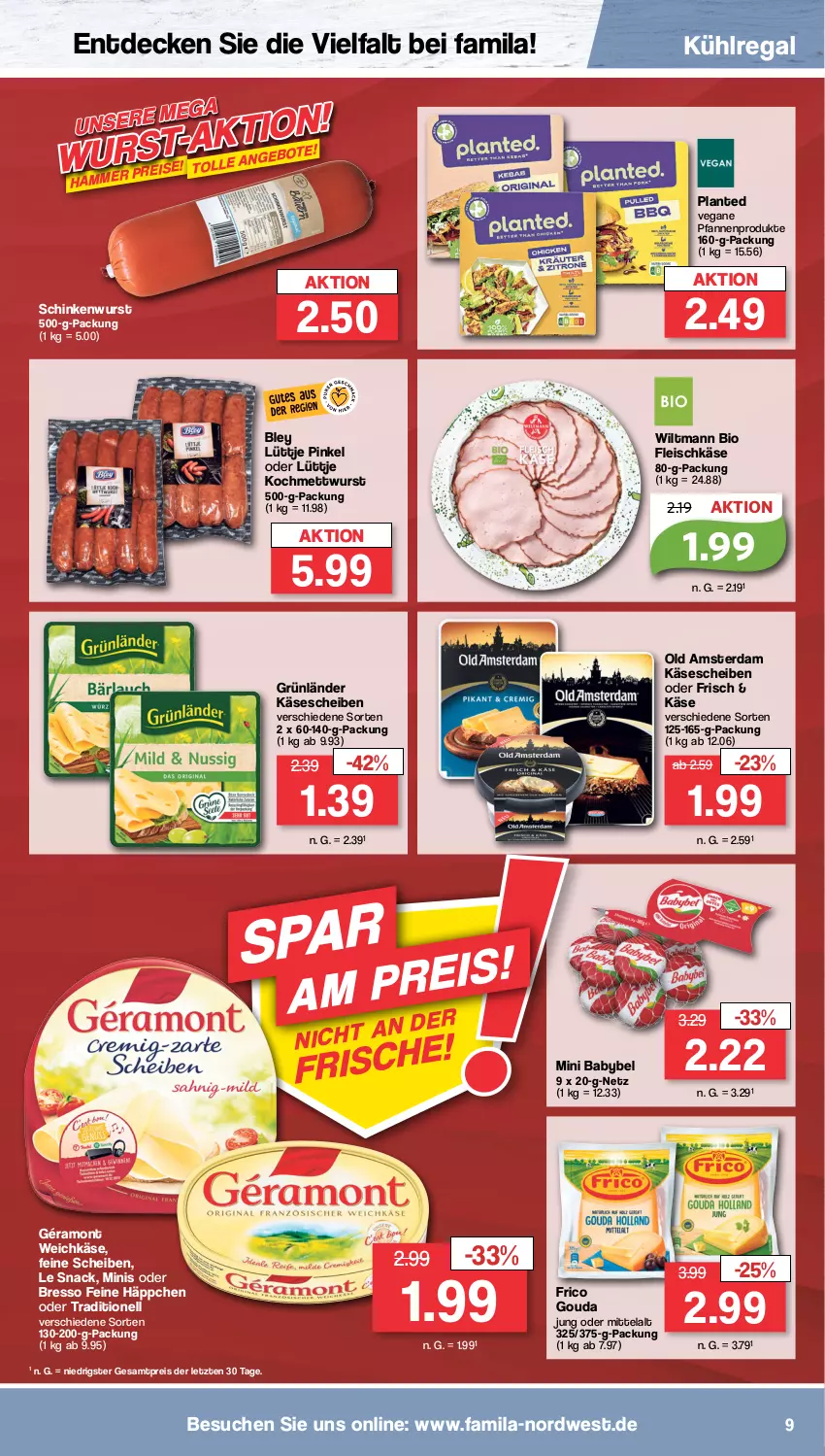 Aktueller Prospekt Famila - Prospekte - von 10.10 bis 15.10.2022 - strona 9 - produkty: babybel, bio, bley, bresso, decke, eis, fleisch, fleischkäse, frico, géramont, gouda, gouda jung, grünländer, Käse, käsescheiben, kühlregal, Mett, mettwurst, mini babybel, Old Amsterdam, pfanne, pfannen, regal, reis, schinken, schinkenwurst, snack, Ti, weichkäse, wiltmann, wurst, ZTE