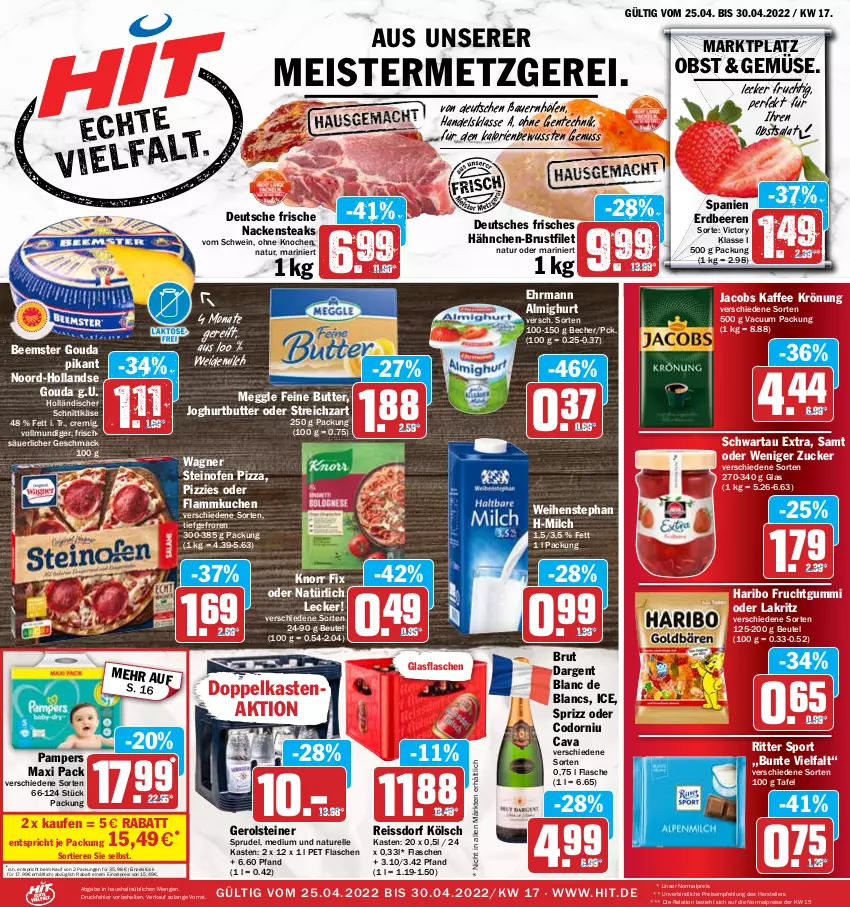 Aktueller Prospekt Hit - Prospekte - von 25.04 bis 30.04.2022 - strona 1 - produkty: almighur, almighurt, auer, Bau, Bauer, Becher, Beemster, beere, beeren, beutel, brustfilet, brut, brut dargent, butter, Cava, de blancs, ehrmann, ehrmann almighurt, eis, elle, ente, erdbeere, erdbeeren, filet, flammkuchen, flasche, frucht, fruchtgummi, gerolsteine, gerolsteiner, glasflasche, gouda, hähnchen-brustfilet, haribo, holländischer schnittkäse, jacobs, joghur, joghurt, kaffee, Käse, knorr, knorr fix, kuchen, Lakritz, lamm, mac, meggle, Meister, milch, Nackensteak, nackensteaks, natur, nuss, obst, oder lakritz, Ofen, pampers, pizza, reis, reiss, rel, ritter, ritter sport, salat, schnittkäse, Schwartau, schwein, Sport, Sprizz, Sprudel, ssd, steak, steaks, steiner, steinofen, steinofen pizza, Streichzart, teller, Ti, Tiere, wagner, weidemilch, weihenstephan, wein, zucker