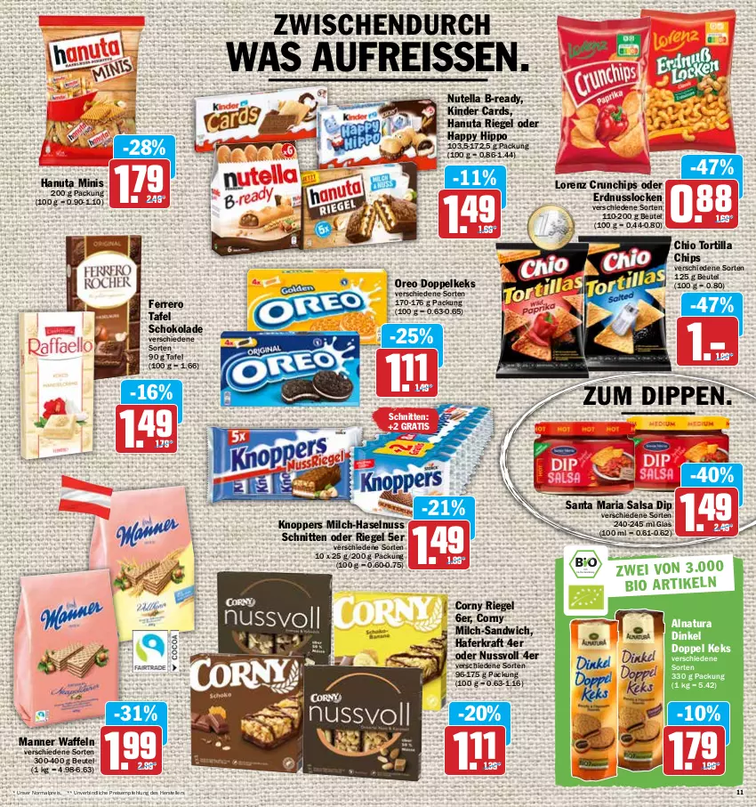 Aktueller Prospekt Hit - Prospekte - von 25.04 bis 30.04.2022 - strona 11 - produkty: beutel, chips, corny, crunchips, dip, eis, elle, erdnuss, ferrero, hafer, hanuta, haselnuss, hipp, keks, Kinder, knoppers, kraft, lorenz, lorenz crunchips, Manner, milch, natur, natura, nuss, nutella, oreo, reis, reiss, Ria, riegel, Salsa, sandwich, schnitten, schoko, schokolade, teller, Ti, tortilla, Tortilla Chips, waffeln