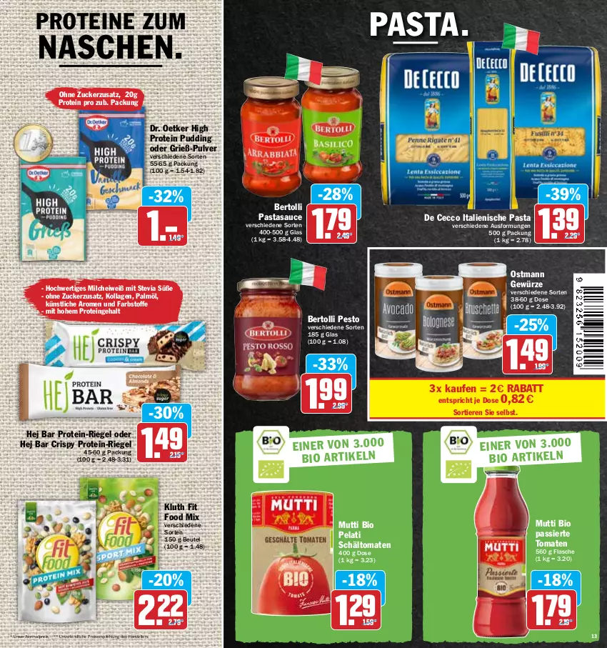 Aktueller Prospekt Hit - Prospekte - von 25.04 bis 30.04.2022 - strona 13 - produkty: bertolli, beutel, bio, De Cecco, Dr. Oetker, ecco, eis, elle, flasche, gewürz, italienische pasta, Kollagen, milch, Mutti, pasta, pesto, pudding, reis, riegel, sauce, teller, Ti, Tiere, tomate, tomaten, zucker