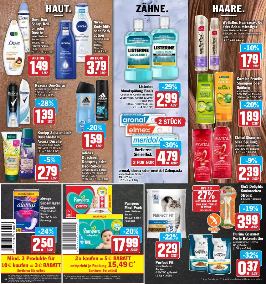 Aktueller Prospekt Hit - Prospekte - von 25.04 bis 30.04.2022 - strona 16 - produkty: Adidas, Alwa, Always, Bad, balsam, beutel, body, body lotion, body milk, coupon, deo, deo spray, deospray, dove, dusche, duschgel, eis, elle, elmex, elvital, erde, flasche, fructis, garnier, gin, ginger, haarspray, katzenfutter, kneipp, listerine, Lotion, mac, meridol, mint, mundspülung, nivea, oder schaumfestiger, pampers, pasta, Perfect Fit, purina, reis, rexona, roll-on, Roller, schaumbad, schaumfestiger, shampoo, shampoo oder spülung, slip, slipeinlagen, spülung, teller, tender, Ti, Tiere, vita, Wella, wellaflex, zahnpasta