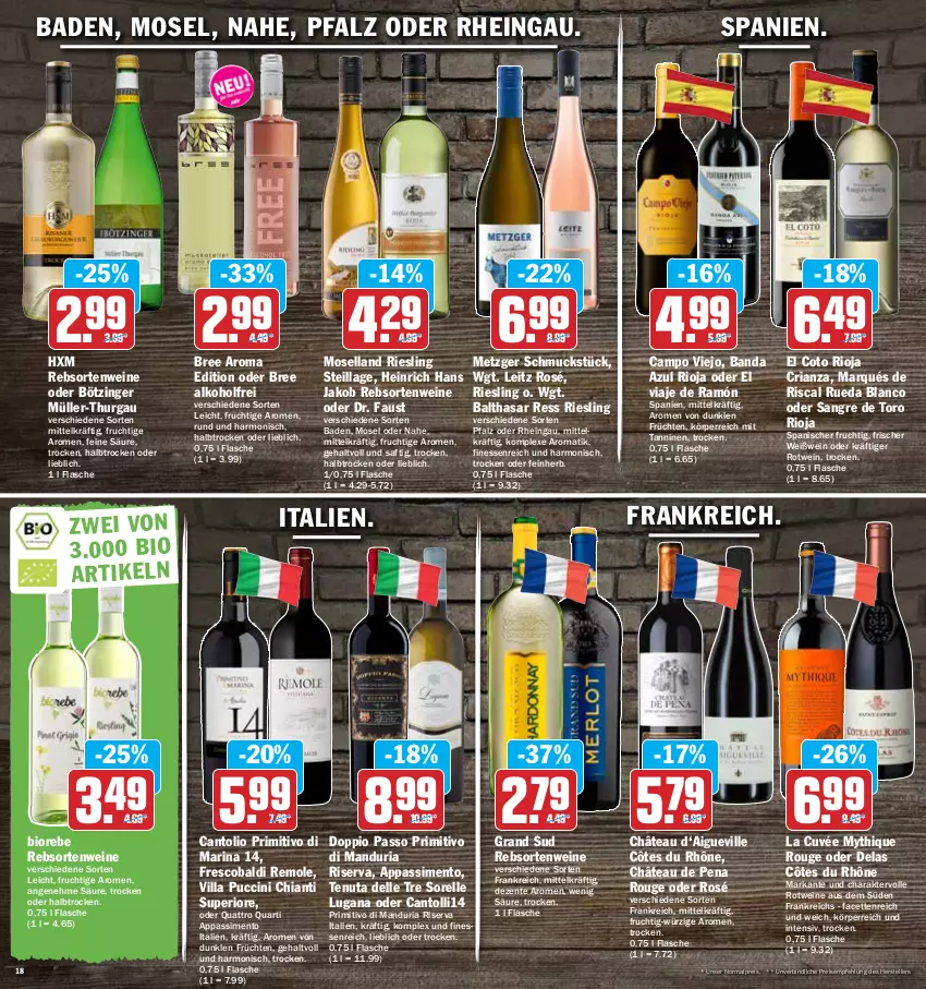 Aktueller Prospekt Hit - Prospekte - von 25.04 bis 30.04.2022 - strona 18 - produkty: aldi, alkohol, aust, Bad, bio, bree, campo viejo, chia, chianti, cin, cuvée, dell, doppio passo, eis, elle, ente, finesse, flasche, frucht, früchte, früchten, grand sud, jako, leitz, moselland, Müller, Müller-Thurgau, passo, primitivo, rebsortenweine, reis, rel, Ria, riesling, rioja, riserva, rotwein, rouge, saft, Schmuck, sim, teller, Ti, wein, weine, Weißwein