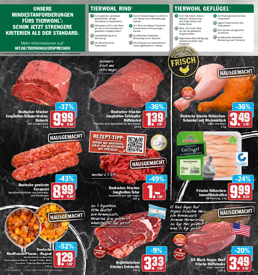 Aktueller Prospekt Hit - Prospekte - von 25.04 bis 30.04.2022 - strona 5 - produkty: auer, bacon, Bau, Bauer, beef, bio, bohne, bohnen, braten, cevapcici, champignon, champignons, decke, Deckel, eis, elle, ente, entrecôte, filet, filets, fleisch, Frische Hähnchen, Geflügel, gewürz, gin, gnocchi, gulasch, hackfleisch, hähnchenschenkel, henkel, hüftsteak, hüftsteaks, jungbullen, küche, Küchen, lack, mais, monitor, natur, paprika, pfanne, Ragout, reifen, reis, Ria, rind, rindfleisch, ring, schenkel, schmorbraten, schwein, schweine, Spezi, spiegel, Sport, steak, steaks, tafelspitz, teller, Ti, Tiere, tisch, wein, weine, ZTE