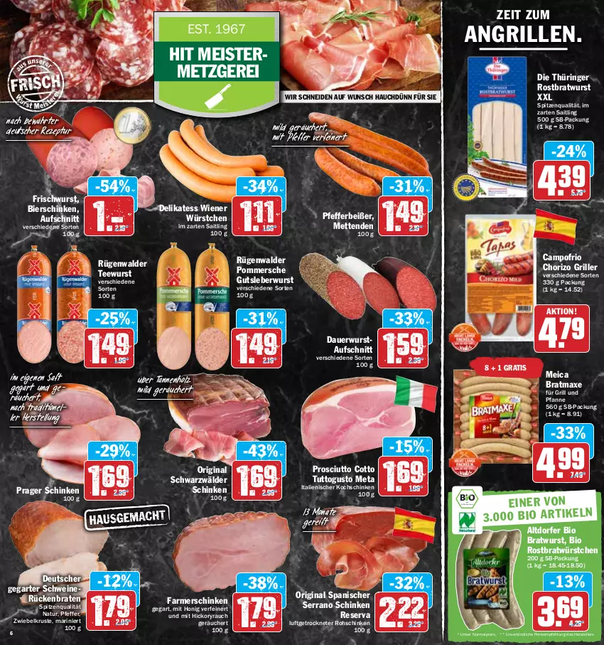 Aktueller Prospekt Hit - Prospekte - von 25.04 bis 30.04.2022 - strona 6 - produkty: auer, aufschnitt, axe, bier, bierschinken, bio, braten, bratmaxe, bratwurst, campofrio, chorizo, eis, elle, farmerschinken, für grill und pfanne, gin, grill, grill und pfanne, gutsleberwurst, Holz, honig, im zarten saitling, kochschinken, leberwurst, meica, Meister, Mett, metten, Mettenden, natur, pfanne, pfeffer, Pfefferbeißer, Pommersche, prosciutto, prosciutto cotto, Rauch, reis, rezept, ring, rohschinken, rostbratwurst, Rückenbraten, rügenwalder, saft, schinken, schwarzwälder schinken, schwein, schweine, schweinerücken, serrano, serrano schinken, spitzenqualität, tee, teewurst, teller, thüringer rostbratwurst, Ti, und pfanne, wein, weine, wiener, wiener würstchen, wurst, würstchen, zwiebel