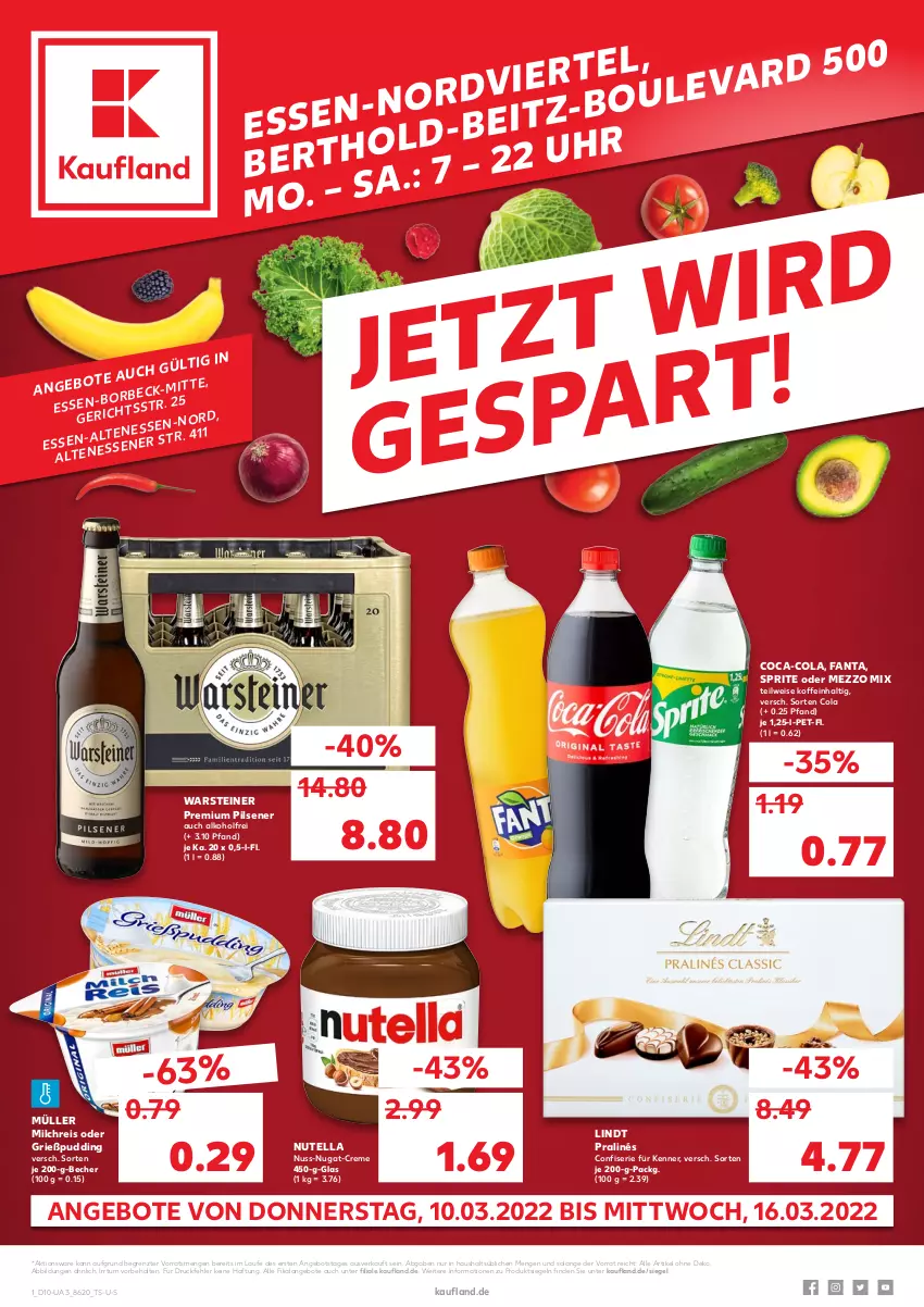 Aktueller Prospekt Kaufland - von 10.03 bis 16.03.2022 - strona 1 - produkty: alkohol, angebot, angebote, Becher, coca-cola, cola, creme, eis, fanta, Grießpudding, lindt, Mezzo Mix, milch, milchreis, Müller, nuss, nuss-nugat-creme, nutella, pils, pilsener, premium pils, pudding, reis, sprite, steiner, Ti, warsteiner, ZTE