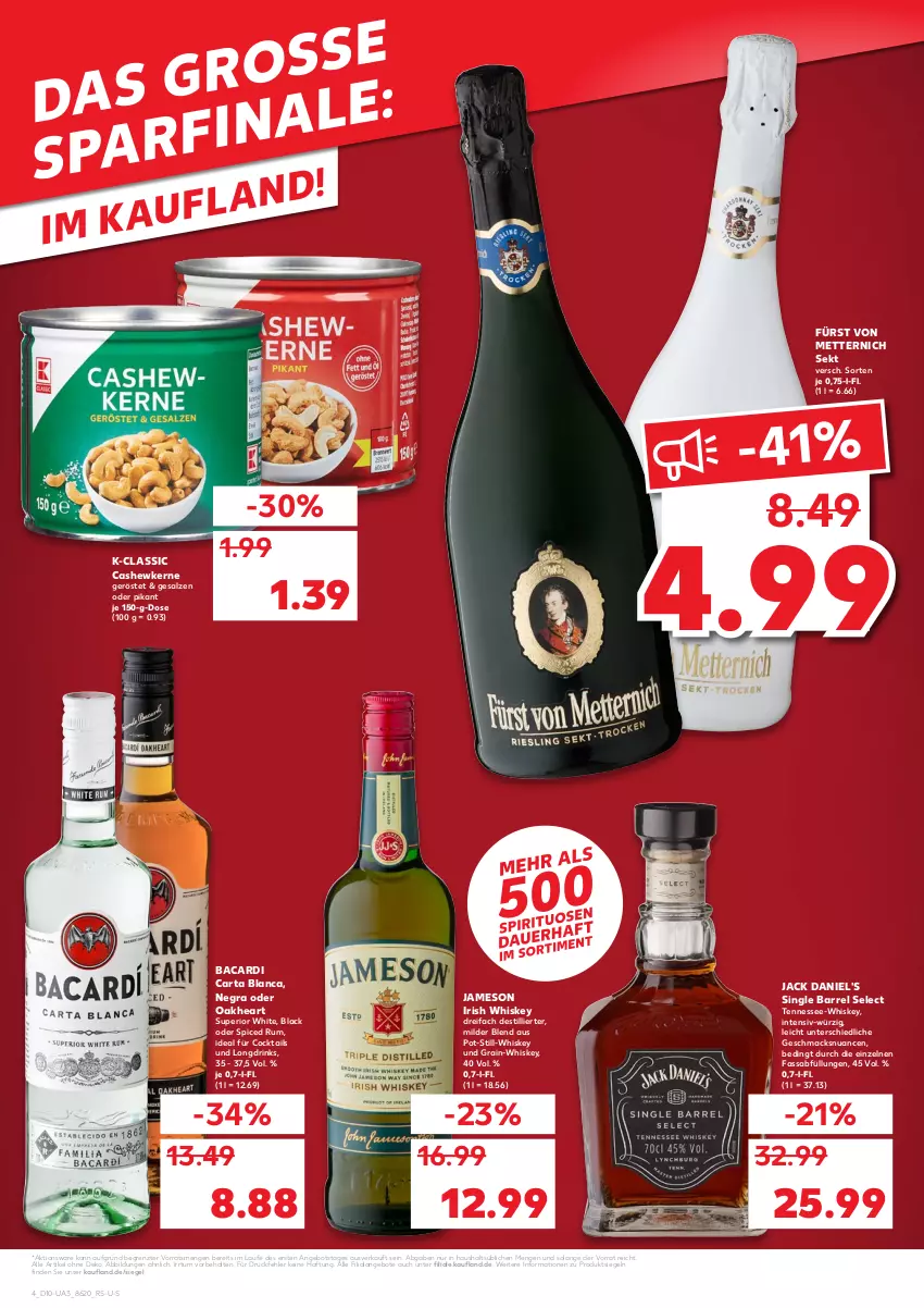 Aktueller Prospekt Kaufland - von 10.03 bis 16.03.2022 - strona 4 - produkty: angebot, angebote, bacardi, Cashew, cashewkerne, cocktail, cocktails, drink, drinks, fürst von metternich, irish whiskey, jack daniel, jack daniel's, jameson, lack, mac, Mett, metternich, Nuance, oakheart, rel, rum, salz, sekt, Ti, whiskey, ZTE