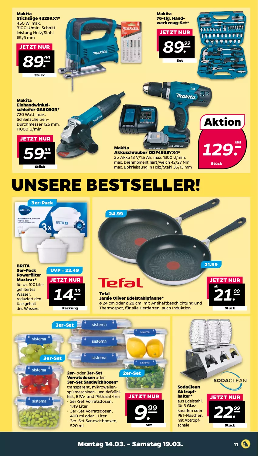 Aktueller Prospekt Netto - Angebote ab Montag - von 14.03 bis 19.03.2022 - strona 11 - produkty: akku, akkuschrauber, brita, edelstahl, eis, elle, flasche, glaskaraffe, herdarten, Holz, Karaffe, LG, Makita, Maxtra, messer, mikrowelle, olive, pet-flasche, pet-flaschen, pfanne, säge, sandwich, Schal, Schale, Soda, spülmaschinen, stichsäge, tefal, Ti, wasser, werkzeug, Winkelschleifer