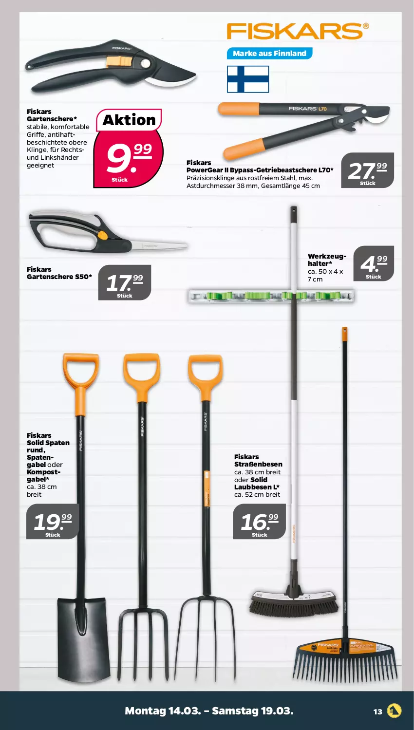 Aktueller Prospekt Netto - Angebote ab Montag - von 14.03 bis 19.03.2022 - strona 13 - produkty: Brei, fiskars, gabel, Garten, Gartenschere, messer, Schere, Spaten, Ti, werkzeug, Werkzeughalter