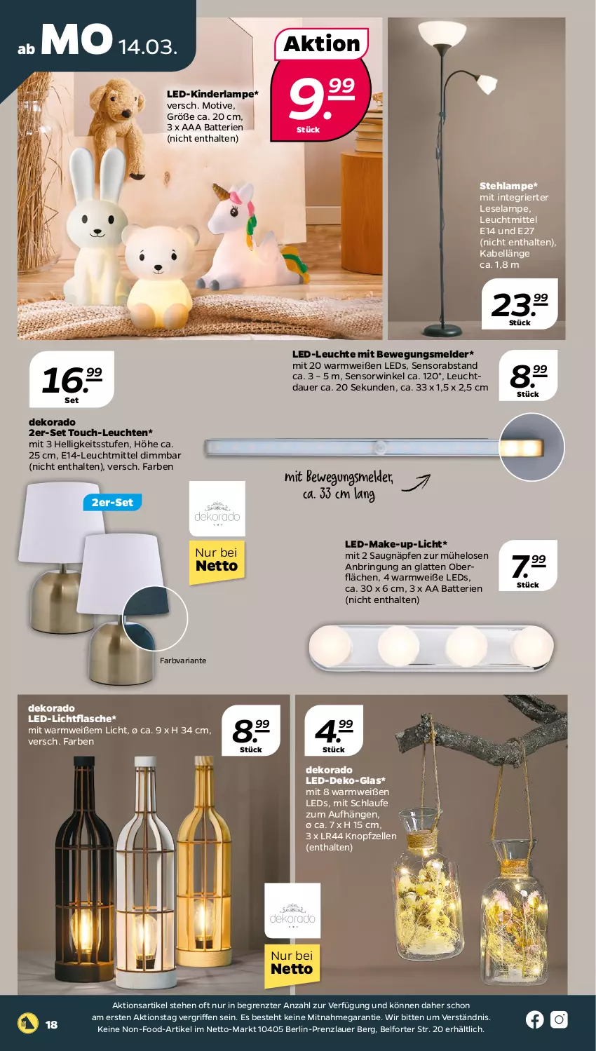 Aktueller Prospekt Netto - Angebote ab Montag - von 14.03 bis 19.03.2022 - strona 18 - produkty: auer, batterie, batterien, elle, flasche, Kinder, Kinderlampe, Lampe, latte, LED-Leuchte, led-licht, leds, Leuchte, leuchten, leuchtmittel, Make-up, Ria, ring, Stehlampe, Ti, ZTE