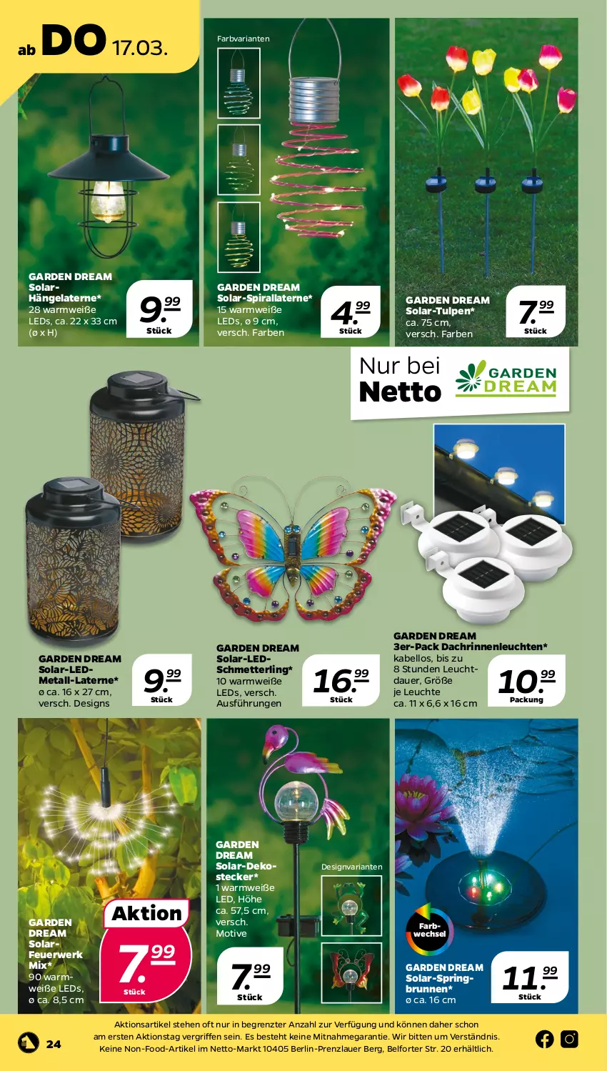 Aktueller Prospekt Netto - Angebote ab Montag - von 14.03 bis 19.03.2022 - strona 24 - produkty: auer, brunnen, laterne, leds, Leuchte, leuchten, Mett, Ria, ring, rwe, Schmetterling, Ti, ZTE