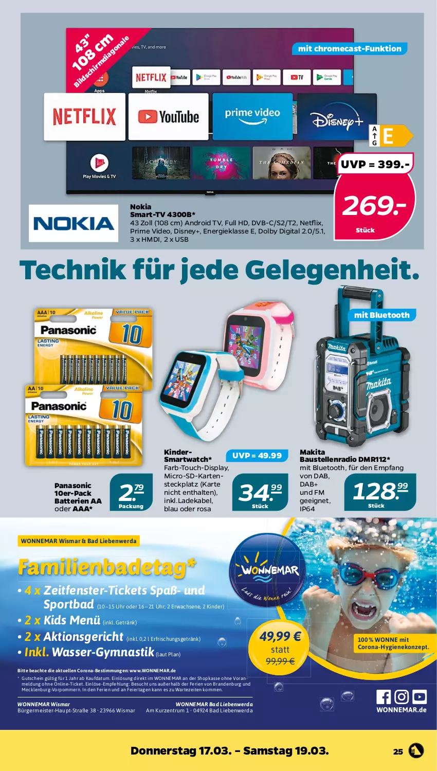 Aktueller Prospekt Netto - Angebote ab Montag - von 14.03 bis 19.03.2022 - strona 25 - produkty: Android TV, asti, aust, Bad, Bad Liebenwerda, batterie, batterien, Bau, corona, deka, deo, disney, dvb, eier, eis, elle, erfrischungsgetränk, fenster, Germ, getränk, gutschein, Kinder, ladekabel, Makita, Meister, netflix, nokia, panasonic, Radio, rum, smartwatch, Sport, Ti, uhr, usb, wasser