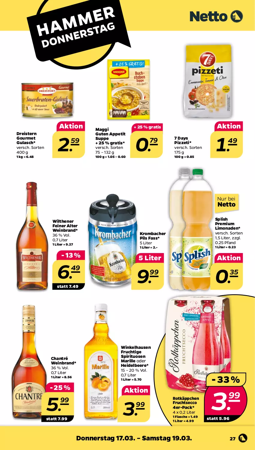 Aktueller Prospekt Netto - Angebote ab Montag - von 14.03 bis 19.03.2022 - strona 27 - produkty: beere, chantré, dreistern, ecco, eis, flasche, frucht, fruchtsecco, gulasch, heidelbeere, krombache, krombacher, krombacher pils, limo, limonade, limonaden, maggi, pils, reis, rotkäppchen, spirituosen, suppe, Ti, wein, weinbrand, wilthener, winkelhausen