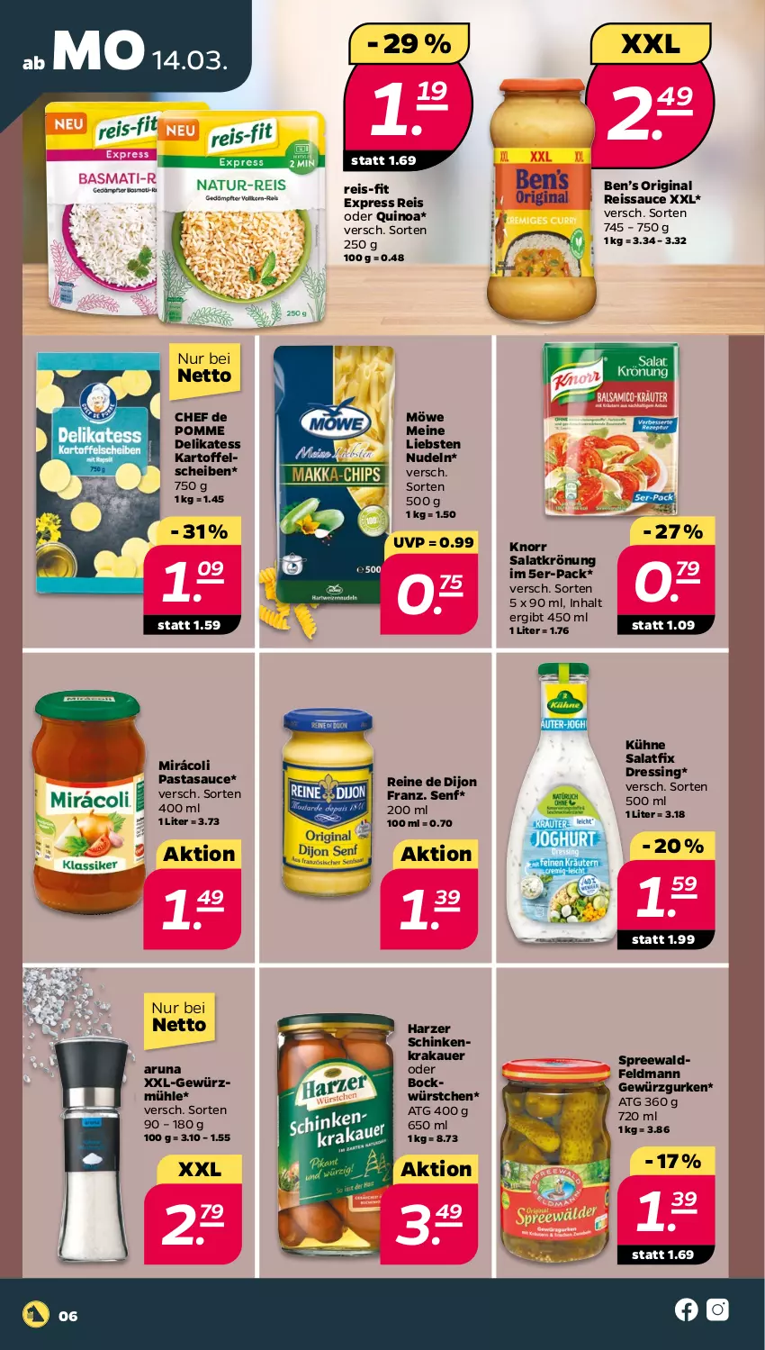 Aktueller Prospekt Netto - Angebote ab Montag - von 14.03 bis 19.03.2022 - strona 6 - produkty: auer, Ben’s Original, dressing, eis, gewürz, Gewürzgurke, gewürzgurken, Gewürzmühle, gin, gurke, gurken, kartoffel, knorr, krakauer, Kühne, Mirácoli, nudel, nudeln, pasta, quinoa, reis, reis-fit, reiss, salat, salatkrönung, sauce, schinken, schinkenkrakauer, senf, Ti, würstchen