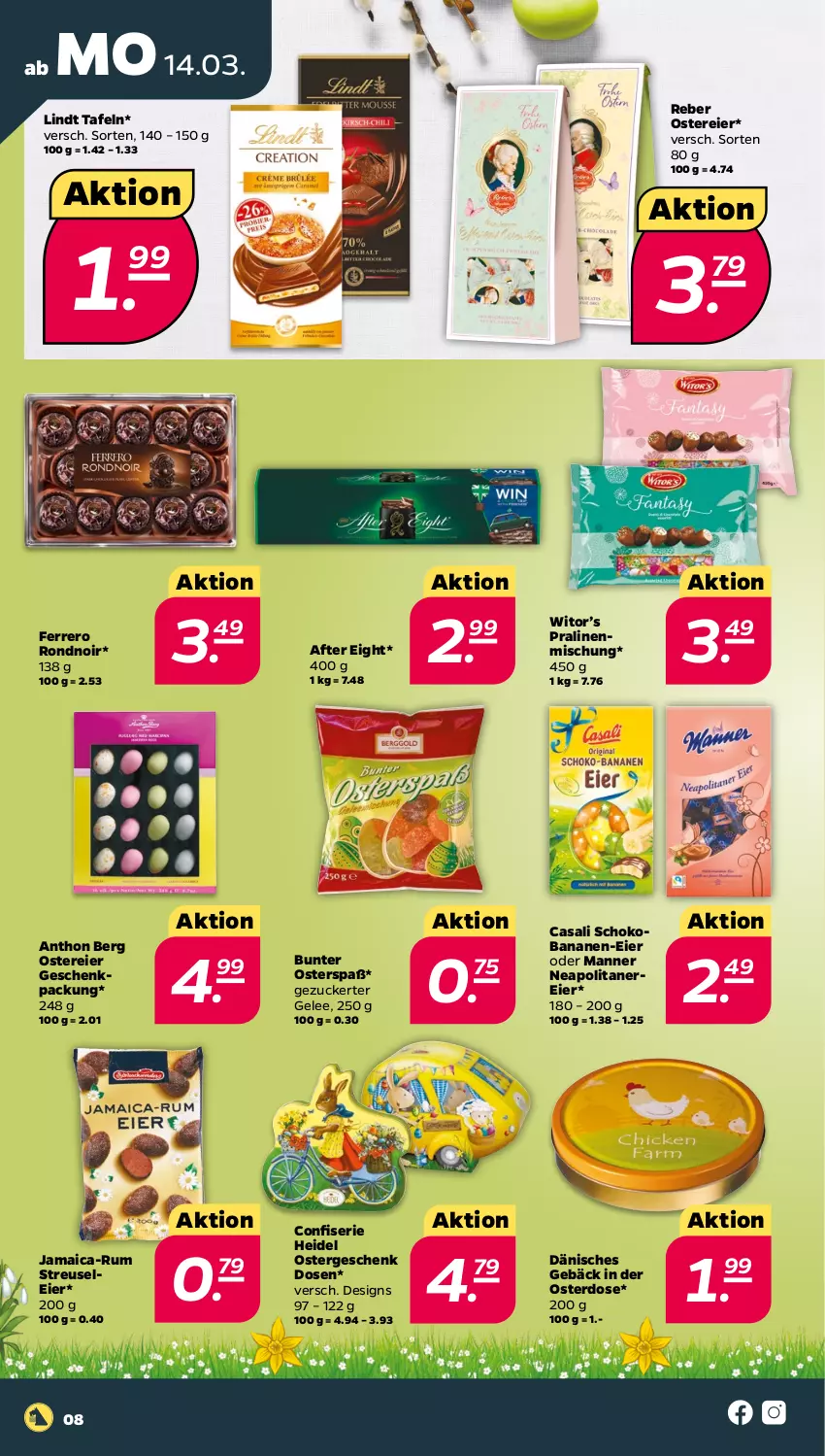 Aktueller Prospekt Netto - Angebote ab Montag - von 14.03 bis 19.03.2022 - strona 8 - produkty: after eight, banane, bananen, Casali, eier, ferrero, gelee, geschenkpackung, lindt, Manner, pralinen, rum, schoko, Schokobananen, Ti, zucker