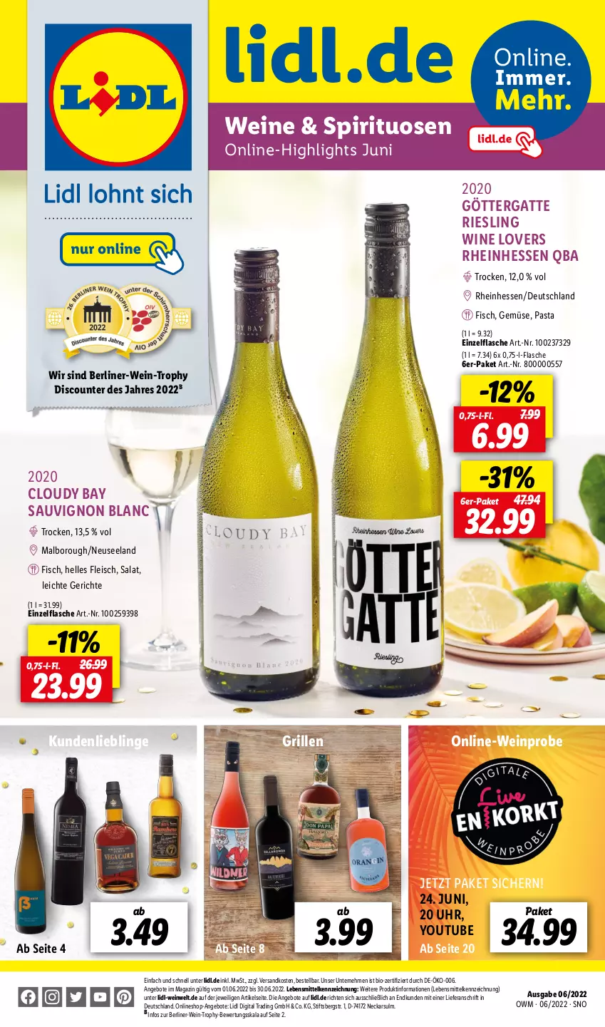 Aktueller Prospekt Lidl - Beste Weine für jeden Anlass - von 01.06 bis 30.06.2022 - strona 1 - produkty: angebot, angebote, berliner, bio, discount, eis, Elan, elle, fisch, flasche, fleisch, grill, lebensmittel, magazin, ndk, pasta, riesling, salat, sauvignon, sauvignon blanc, spirituosen, Ti, uhr, wein, weine, Yo