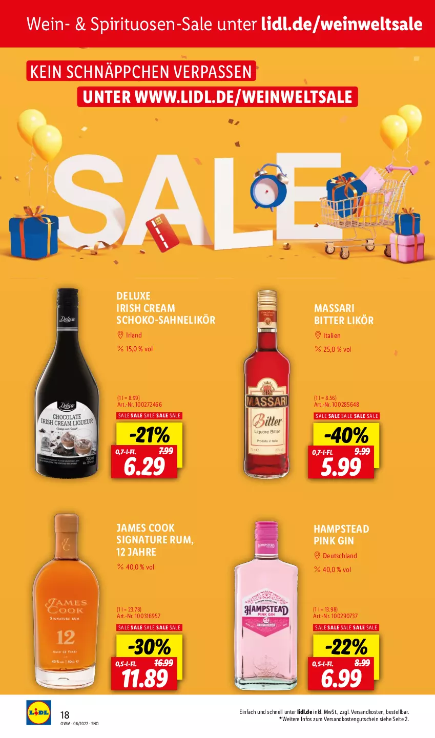 Aktueller Prospekt Lidl - Beste Weine für jeden Anlass - von 01.06 bis 30.06.2022 - strona 18 - produkty: gin, gutschein, irish cream, likör, natur, ndk, rum, sahne, schnäppchen, schoko, spirituosen, wein