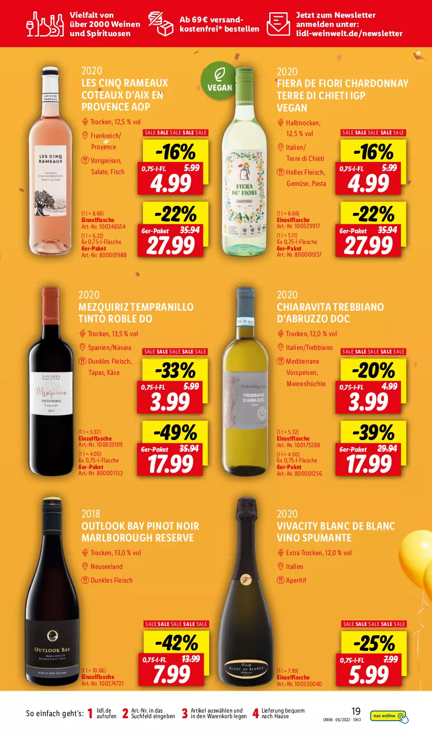 Aktueller Prospekt Lidl - Beste Weine für jeden Anlass - von 01.06 bis 30.06.2022 - strona 19 - produkty: aperitif, chardonnay, chia, cin, eis, Elan, elle, fisch, flasche, fleisch, früchte, Käse, korb, meeresfrüchte, ndk, pasta, Pinot, pinot noir, puma, salat, salate, spirituosen, spumante, Tapas, tempranillo, Ti, versandkostenfrei, Vino Spumante, vita, vorspeise, wein, weine