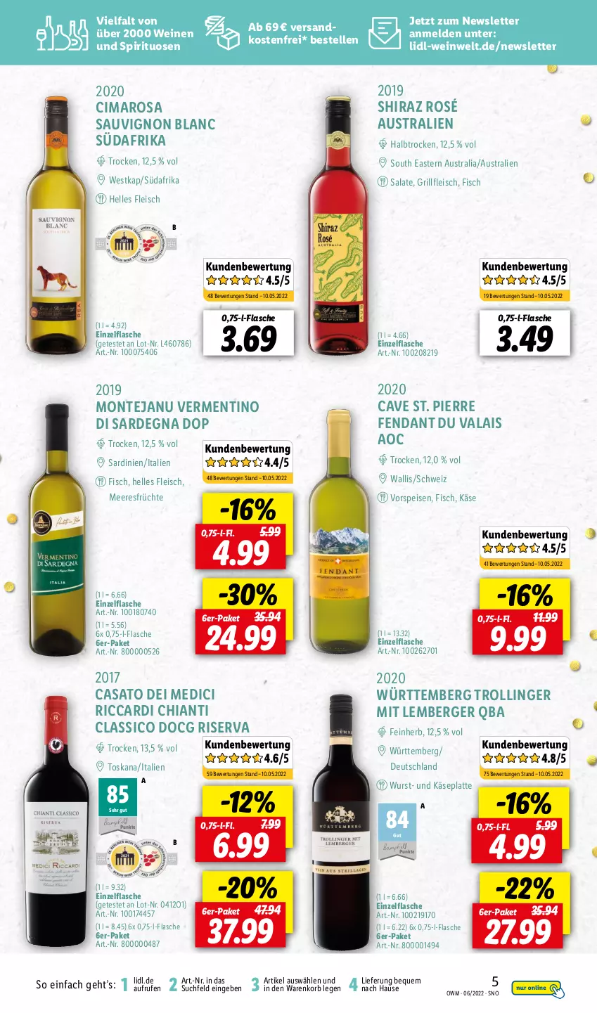 Aktueller Prospekt Lidl - Beste Weine für jeden Anlass - von 01.06 bis 30.06.2022 - strona 5 - produkty: aust, Berger, chia, chianti, classico, eis, elle, fisch, flasche, fleisch, früchte, grill, Käse, korb, latte, meeresfrüchte, monte, ndk, riserva, salat, salate, sauvignon, sauvignon blanc, spirituosen, Ti, trolli, trollinger, versandkostenfrei, vorspeise, wein, weine, wurst