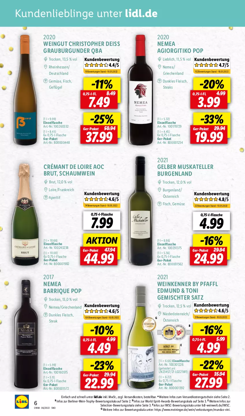 Aktueller Prospekt Lidl - Beste Weine für jeden Anlass - von 01.06 bis 30.06.2022 - strona 6 - produkty: aperitif, berliner, brut, burgunder, crémant de loire, eis, elle, fisch, flasche, fleisch, Geflügel, Gelber Muskateller, Gemischter Satz, grauburgunder, gutschein, ndk, steak, steaks, teller, Ti, wein