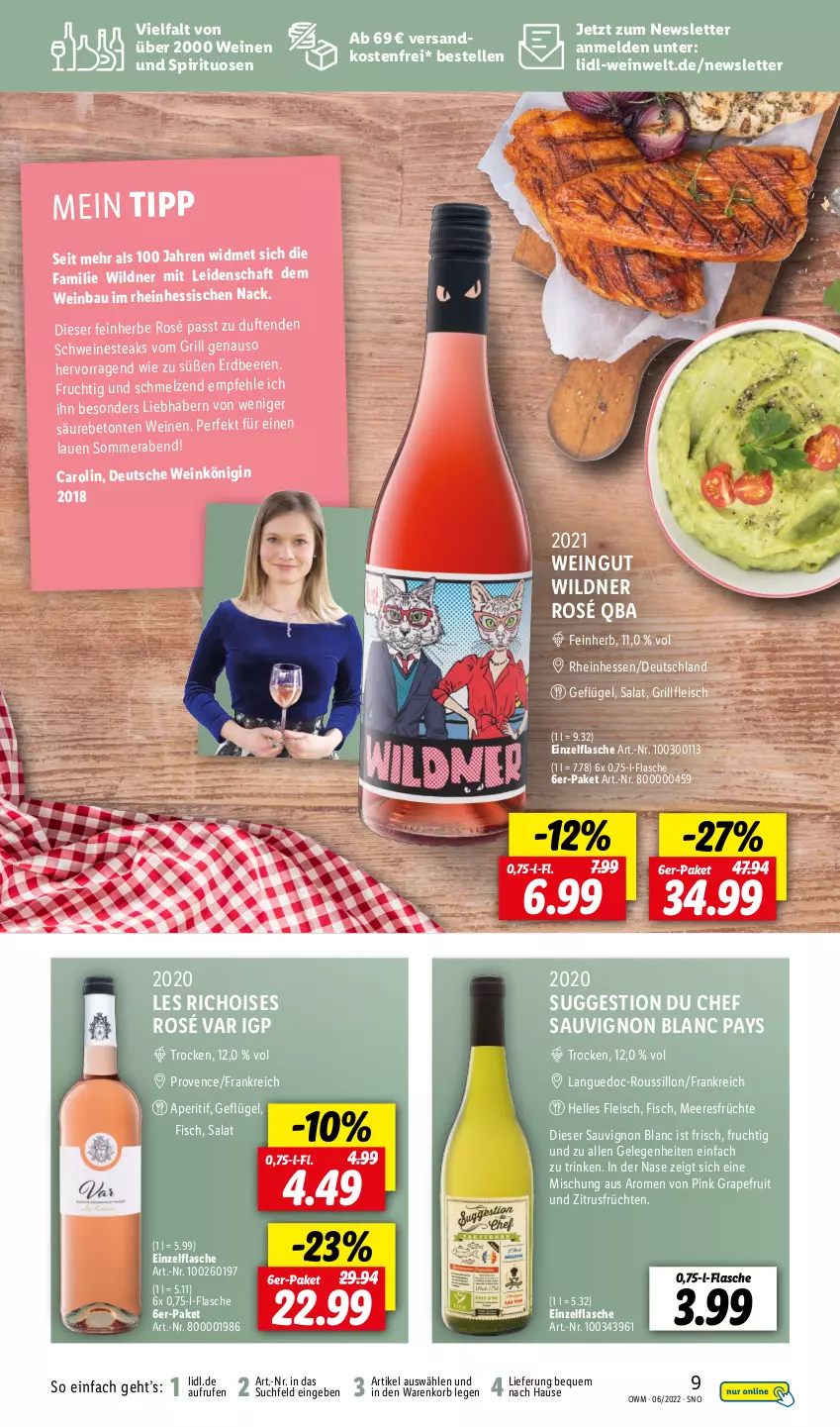 Aktueller Prospekt Lidl - Beste Weine für jeden Anlass - von 01.06 bis 30.06.2022 - strona 9 - produkty: aperitif, Bau, beere, beeren, eis, elle, erdbeere, erdbeeren, fisch, flasche, fleisch, frucht, früchte, früchten, Geflügel, gin, grapefruit, grill, korb, meeresfrüchte, ndk, Nestea, salat, sauvignon, sauvignon blanc, schwein, schweine, spirituosen, steak, steaks, Ti, versandkostenfrei, wein, weine, Wild