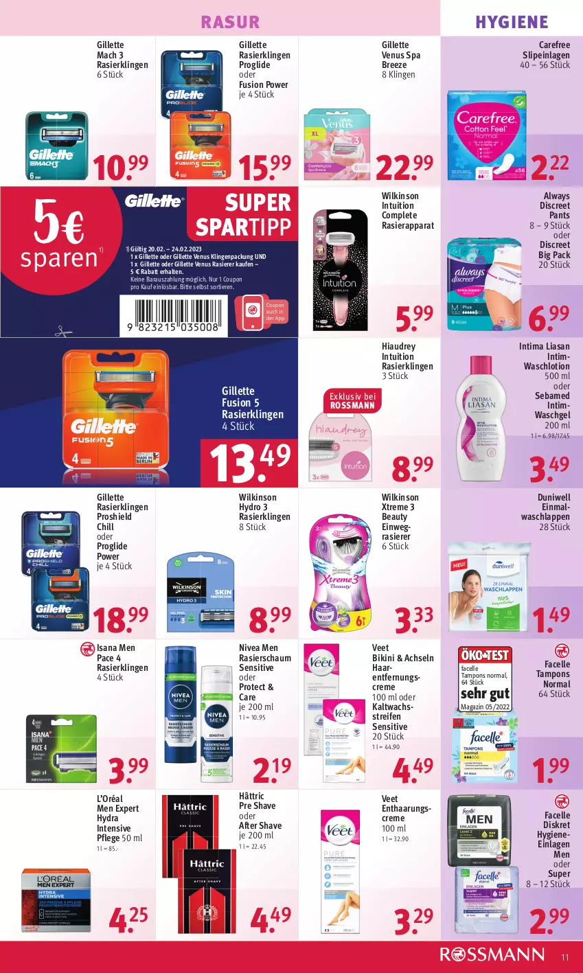 Aktueller Prospekt Rossmann - Prospekte - von 20.02 bis 24.02.2023 - strona 11 - produkty: after shave, Alwa, Always, bikini, bree, carefree, coupon, creme, Discreet, duni, Duniwell, Einmalwaschlappen, einwegrasierer, elle, Facelle, gillette, gillette venus, Haarentfernung, isana, kaltwachsstreifen, Lotion, mac, magazin, nivea, Nivea Men, Pants, rasierapparat, rasierer, Rasierklinge, rasierklingen, Rasierschaum, reifen, sana, sebamed, slip, slipeinlagen, spartipp, Tampon, tampons, Ti, Tiere, veet, venus, waschgel, waschlappen, Waschlotion, wilkinson