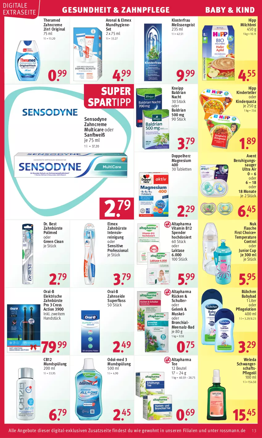 Aktueller Prospekt Rossmann - Prospekte - von 20.02 bis 24.02.2023 - strona 13 - produkty: Altapharma, angebot, angebote, Bad, Beruhigungssauger, beutel, Brei, bübchen, bürste, chia, creme, cross action, doppelherz, Dr. Best, eis, elektrische zahnbürste, elle, elmex, flasche, Gesundheit, gin, hipp, Kinder, kneipp, Lotion, magnesium, magnesium 400, meersalz, milch, Mundhygiene, mundspülung, nuk, Odol, Odol-med 3, oral-b, pasta, Pflegeöl, Reinigung, Ria, salz, sensodyne, spartipp, spülung, spülung 200 ml, tablet, tablett, Tablette, tee, teller, theramed, Ti, vita, Vitamin B, weleda, zahnbürste, zahncreme, Zahnseide