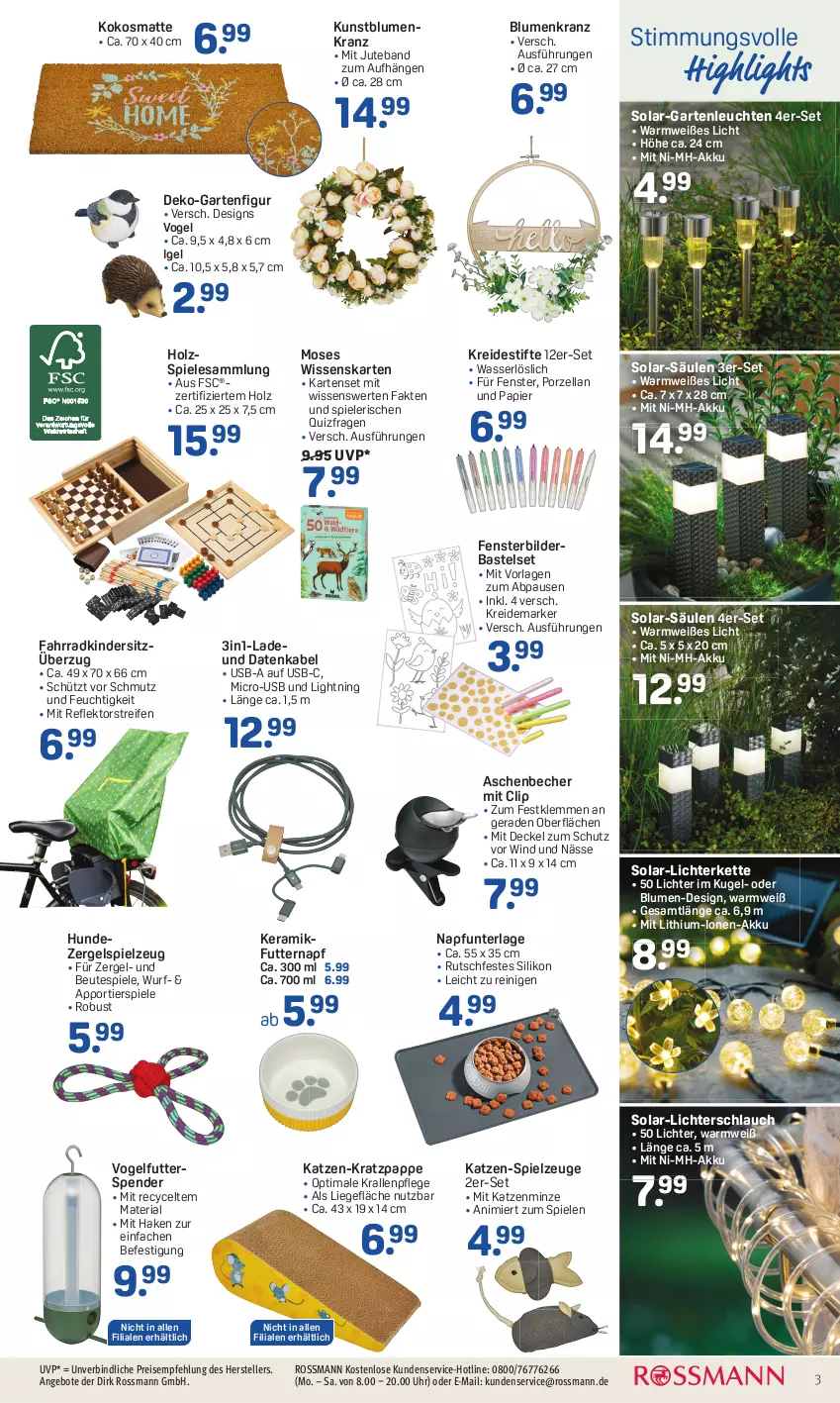 Aktueller Prospekt Rossmann - Prospekte - von 20.02 bis 24.02.2023 - strona 3 - produkty: akku, angebot, angebote, Becher, blume, blumen, decke, Deckel, eis, elle, Fahrrad, fenster, Garten, Holz, Kette, Kinder, Kindersitz, kokos, Kranz, Kreide, Kreidemarker, Kugel, Kunstblume, Leuchte, leuchten, lichterkette, Liege, minze, papier, reifen, reis, Ria, schlauch, Spiele, spielzeug, stifte, teller, Ti, uhr, usb, Vogelfutter, wasser