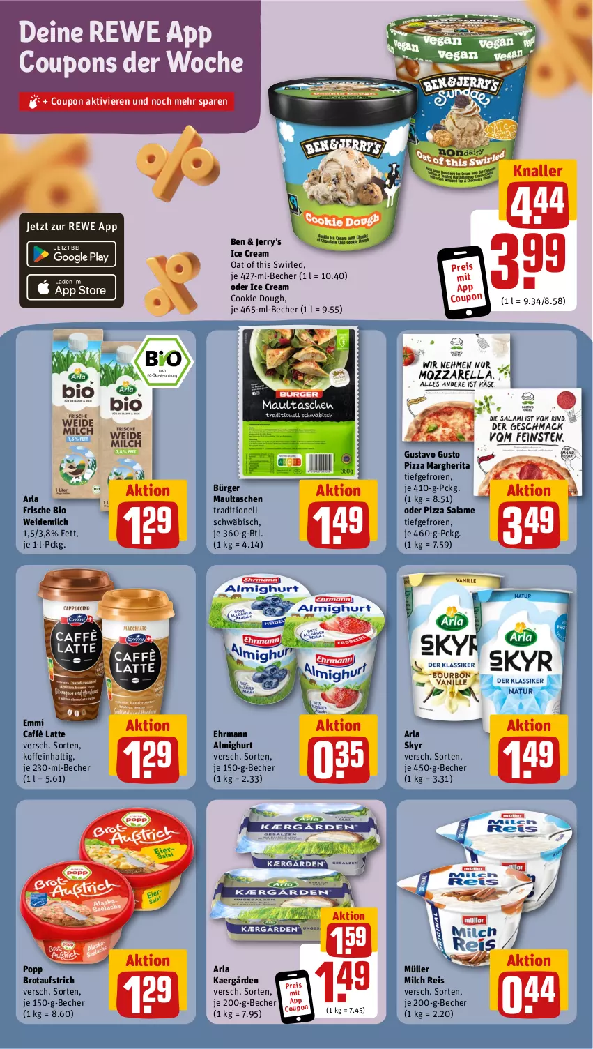 Aktueller Prospekt Rewe - Prospekte - von 29.07 bis 03.08.2024 - strona 10 - produkty: almighur, almighurt, arla, arla skyr, aufstrich, Becher, bio, brot, brotaufstrich, caffè latte, cookie, cookie dough, coupon, coupons, ehrmann, ehrmann almighurt, eis, emmi, latte, margherita, maultaschen, milch, Müller, pizza, pizza salame, Popp, reis, Skyr, swirl, Tasche, taschen, Ti, weidemilch